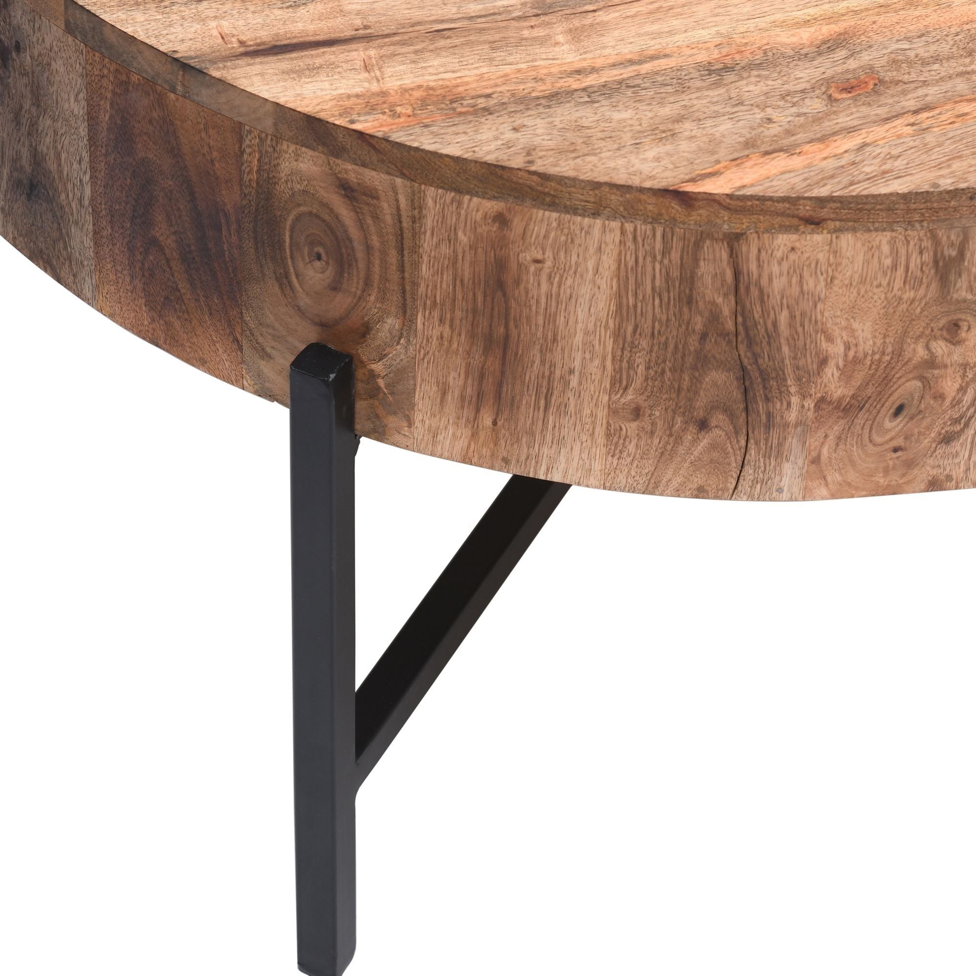 Round Blox coffee table by World Wide with a natural wood top and black metal legs, modern design for living room decor.