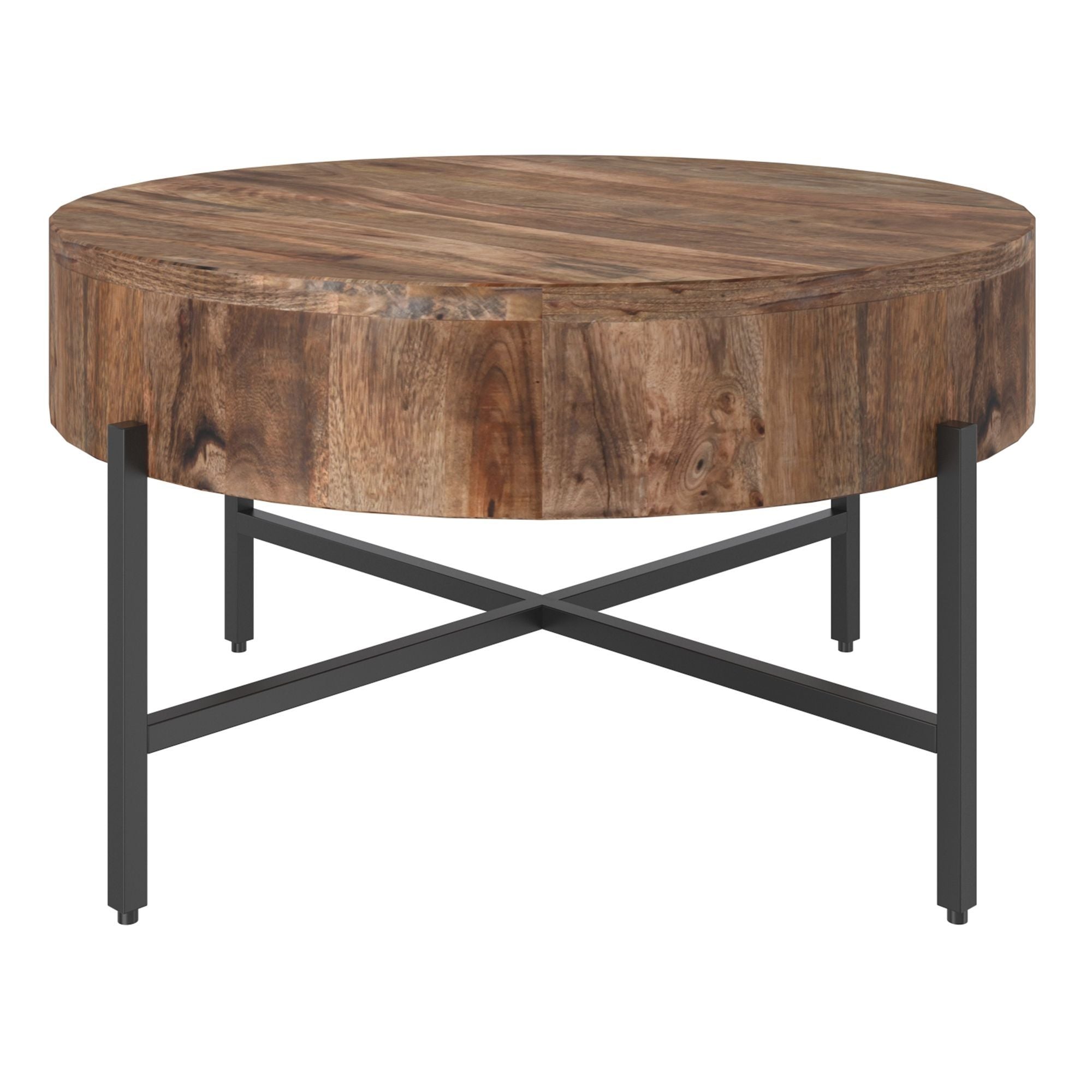 Round coffee table by World Wide with natural wood finish and black metal frame for modern living room decor.