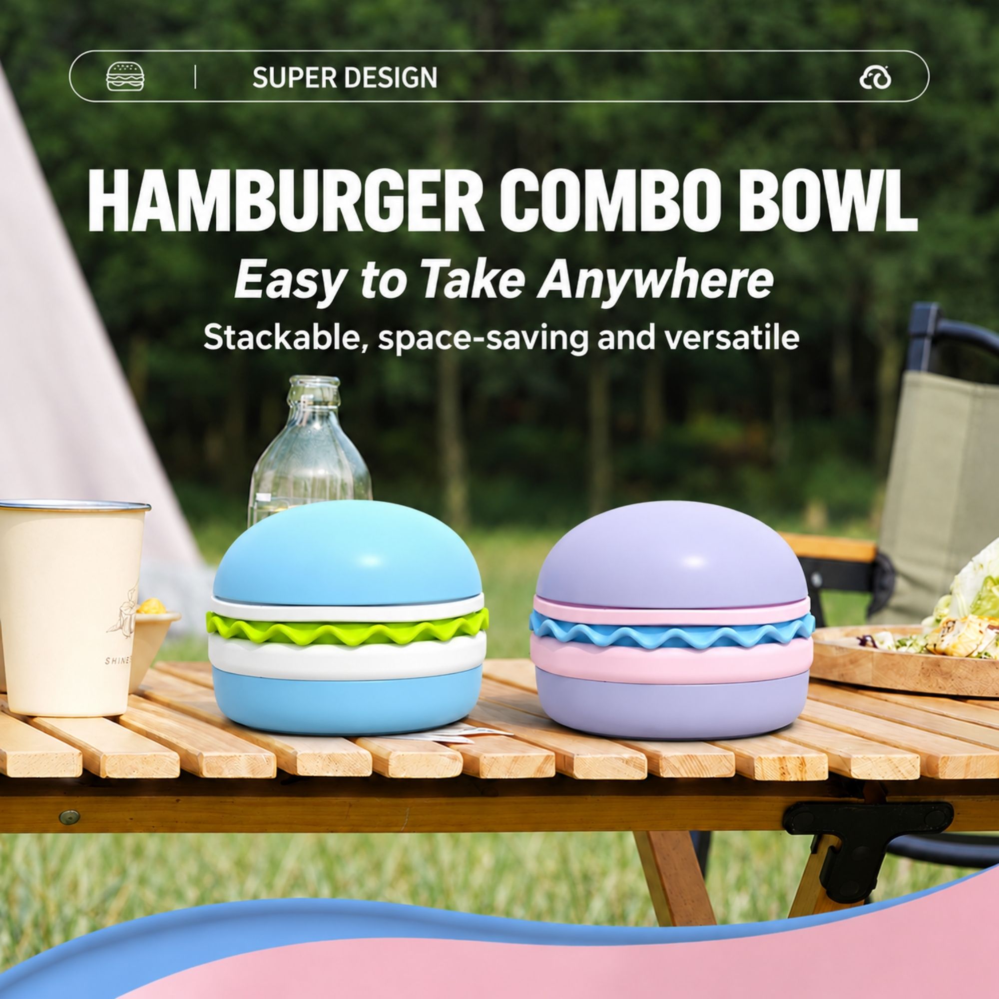 Light blue Superdesign hamburger-shaped slow feeder pet bowl for dogs and cats