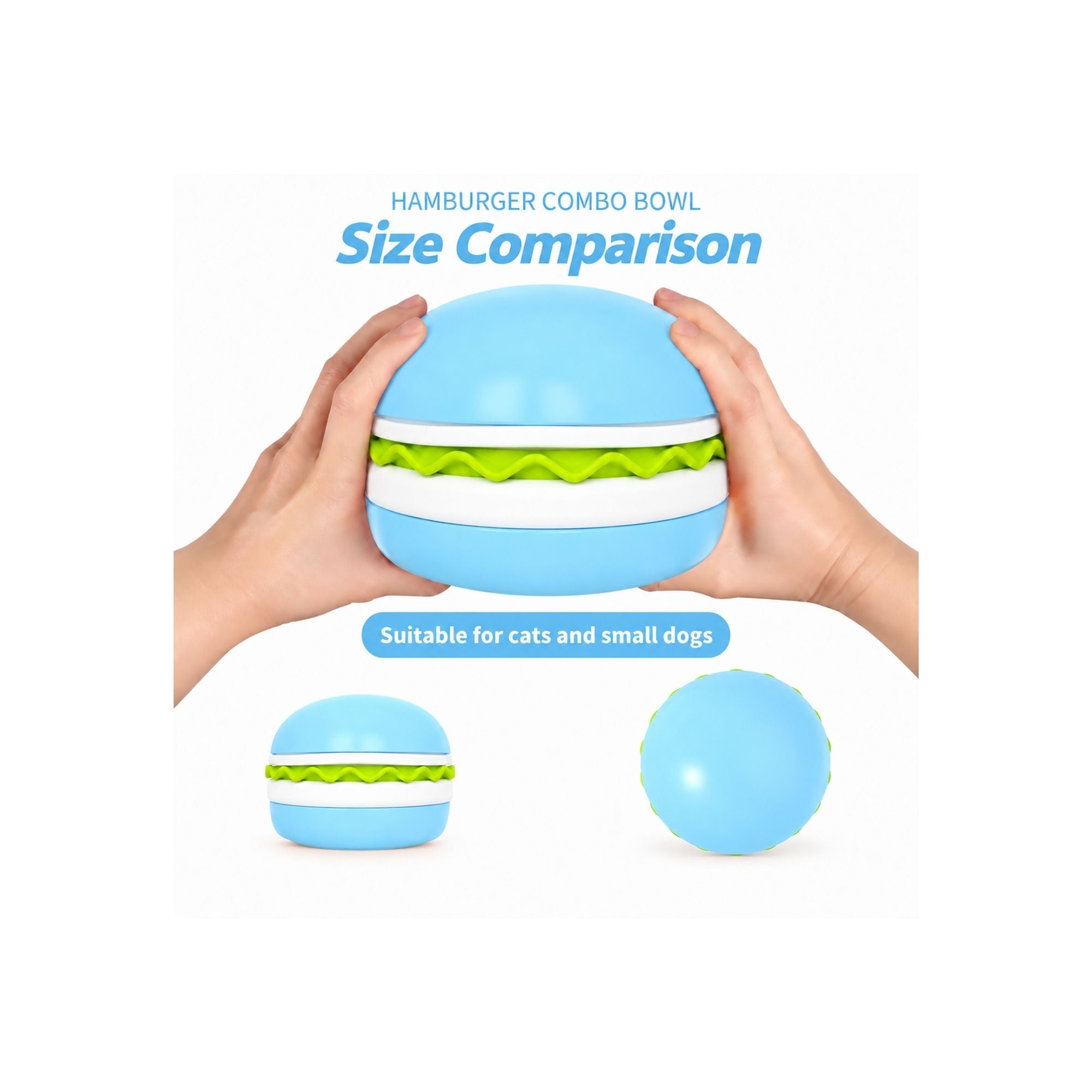 Light blue Superdesign hamburger-shaped slow feeder pet bowl for dogs and cats