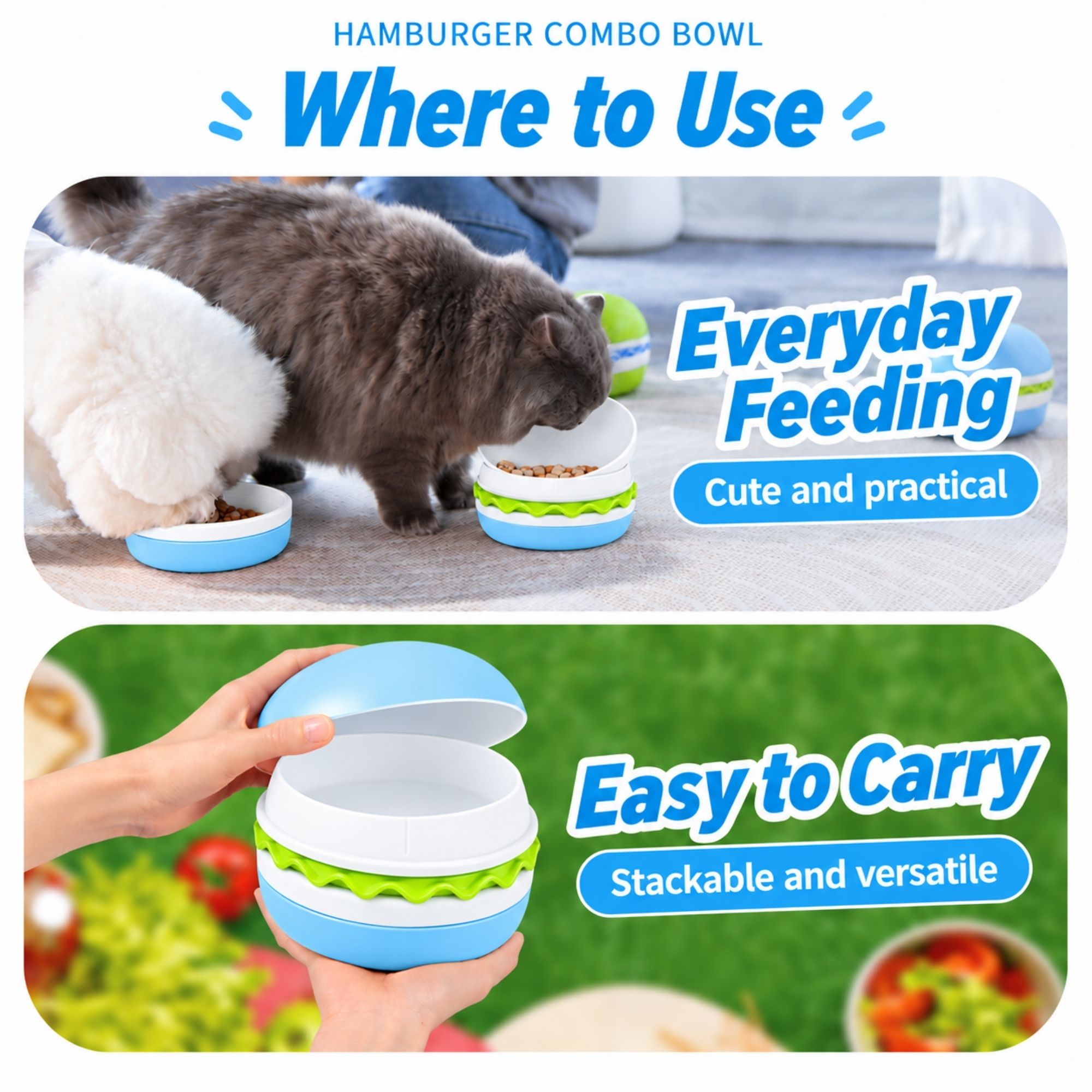 Light blue Superdesign hamburger-shaped slow feeder pet bowl viewed from above