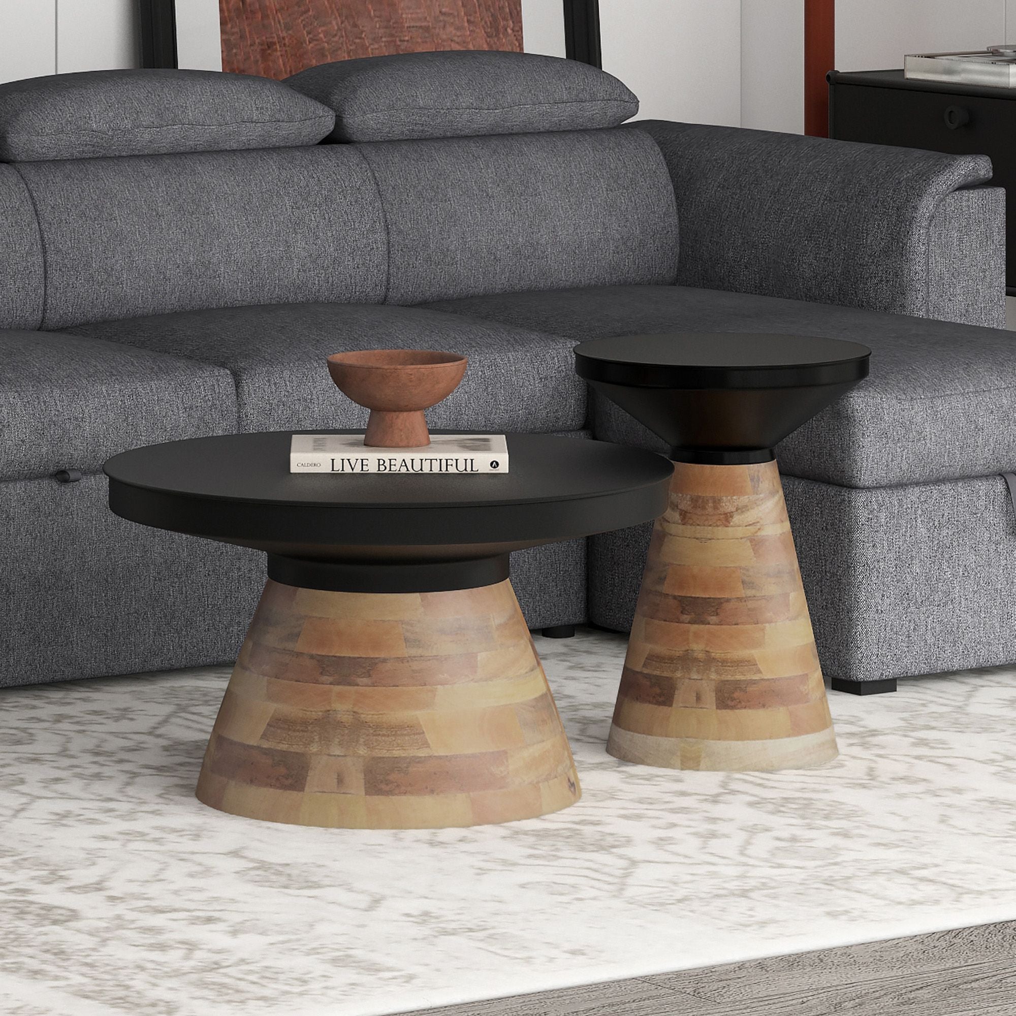 Boden 2-Piece Round Coffee Table Set in Black and Walnut