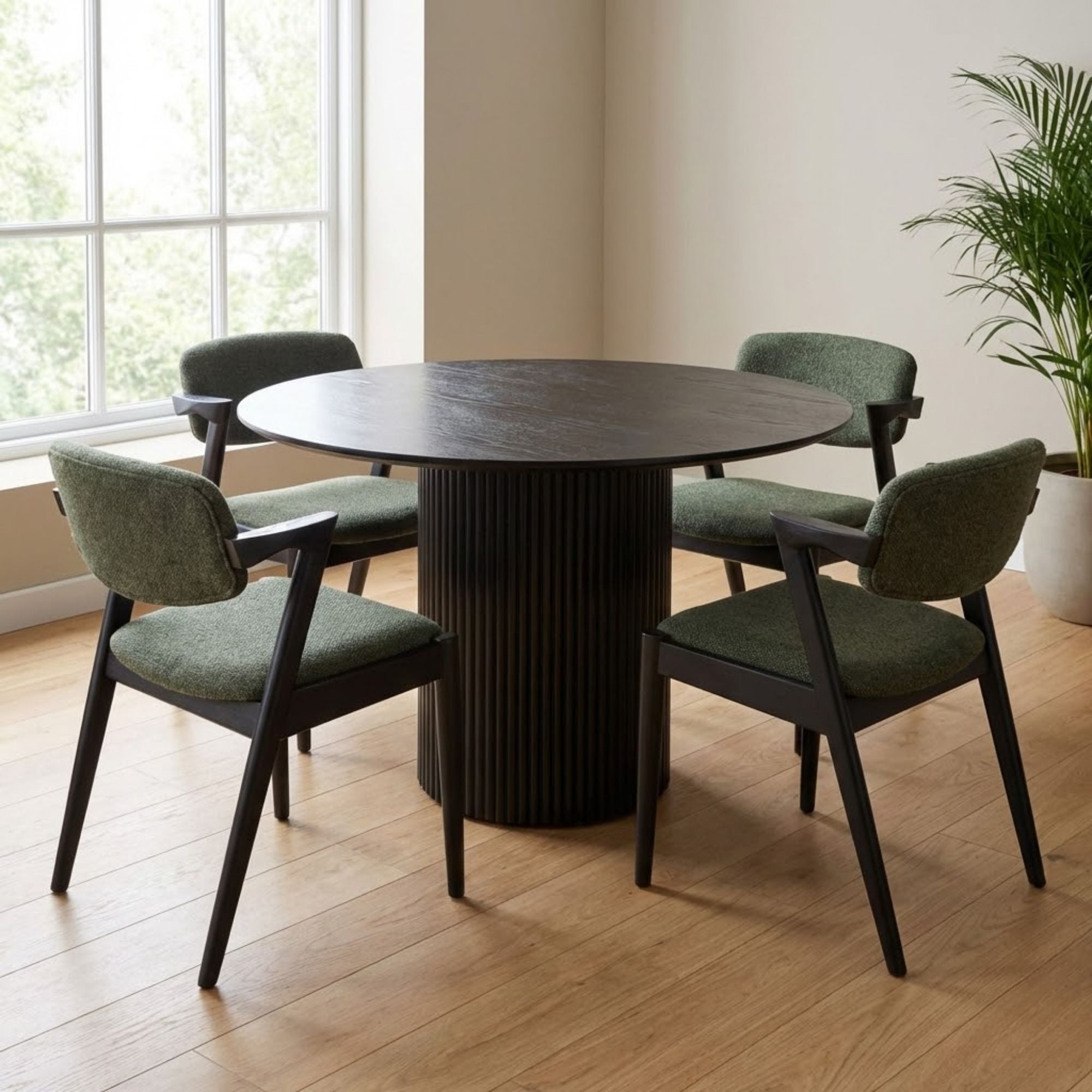 Green and black wood frame dining chair from Elite Living's Brera Collection, with a sleek modern design and comfortable seating.
