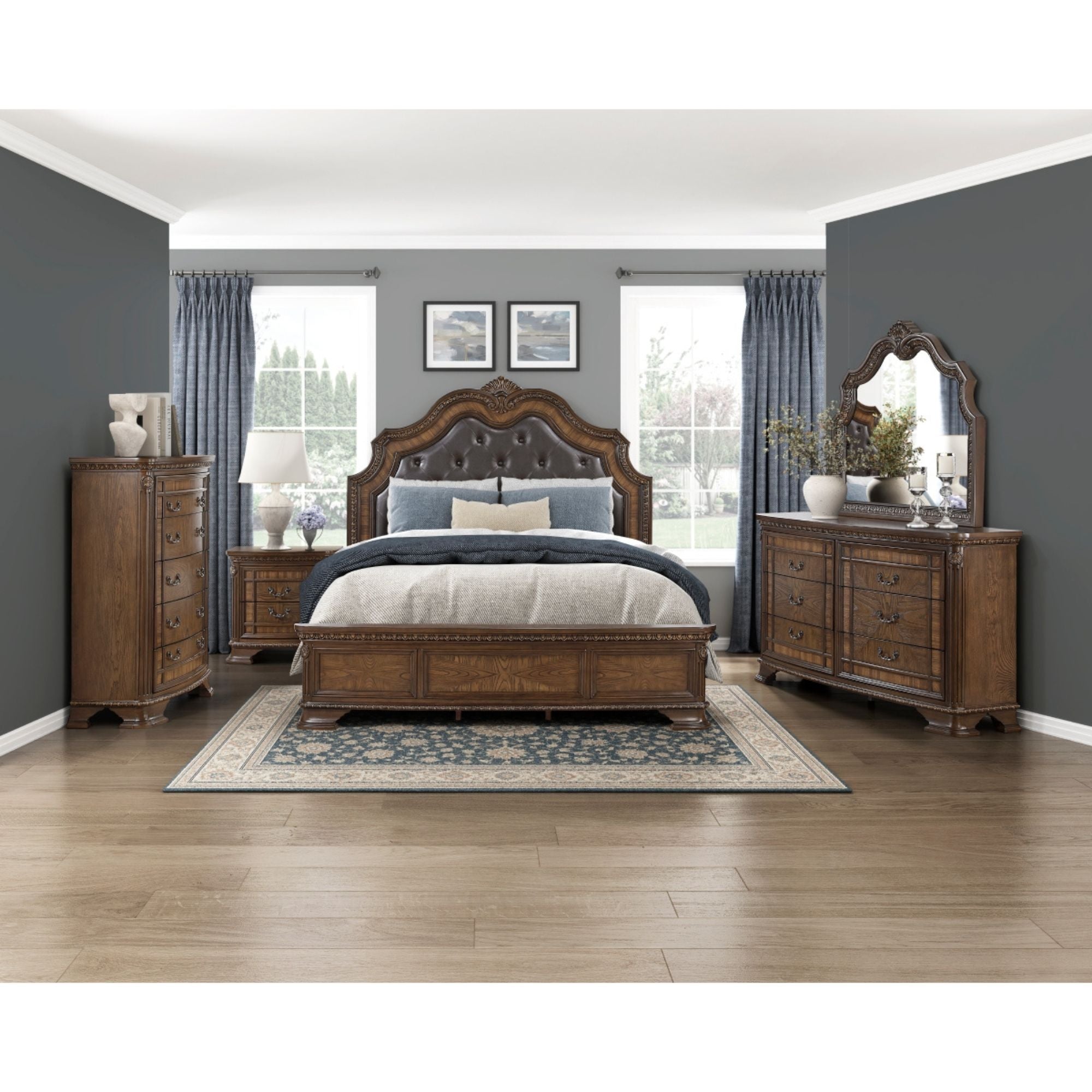 M.A.F Bridgepoint bed with a modern wooden frame and upholstered headboard in a cozy bedroom setting