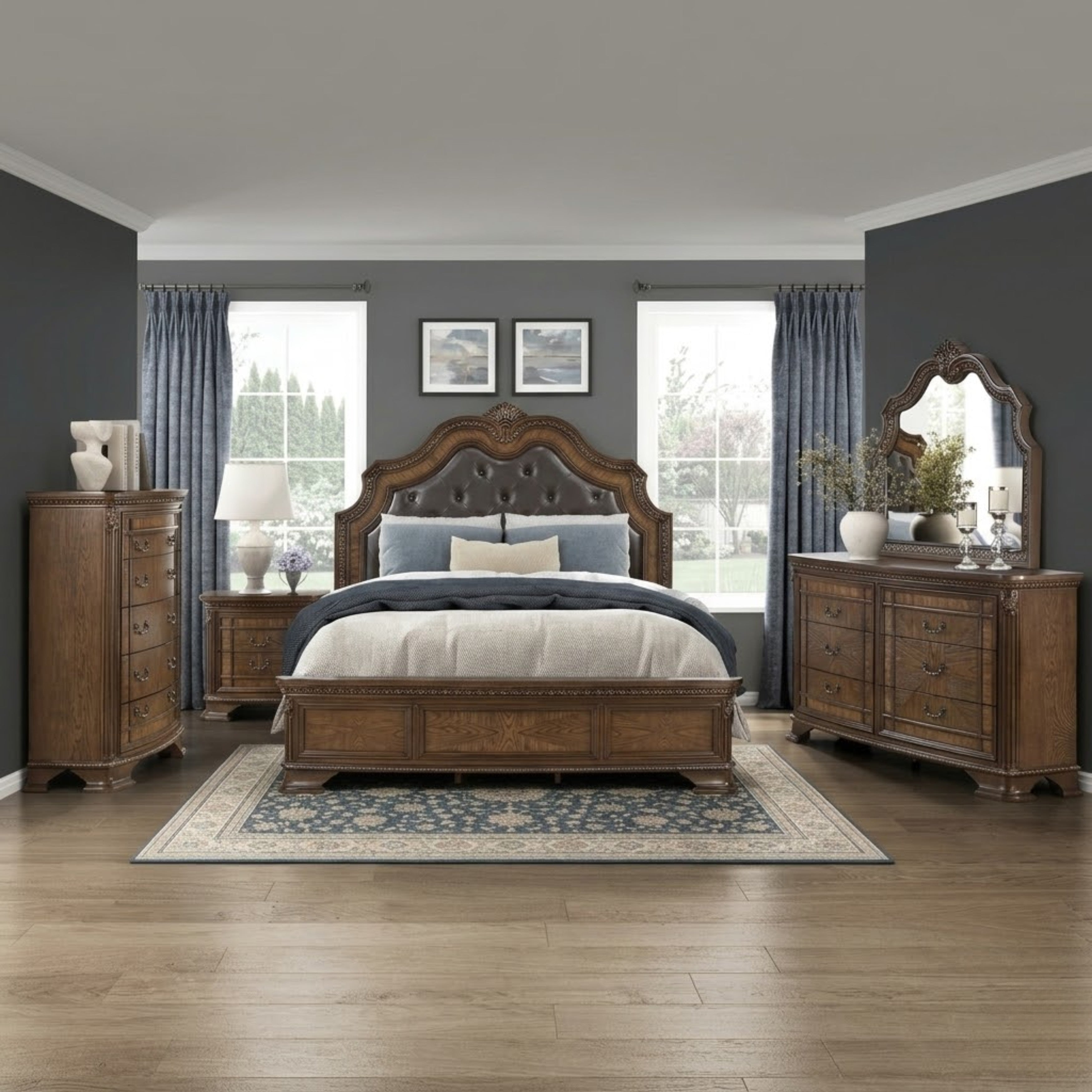 Bridgepoint bedroom set by MAZ featuring a modern bed frame, matching nightstands, and a coordinated dresser in a stylish bedroom.