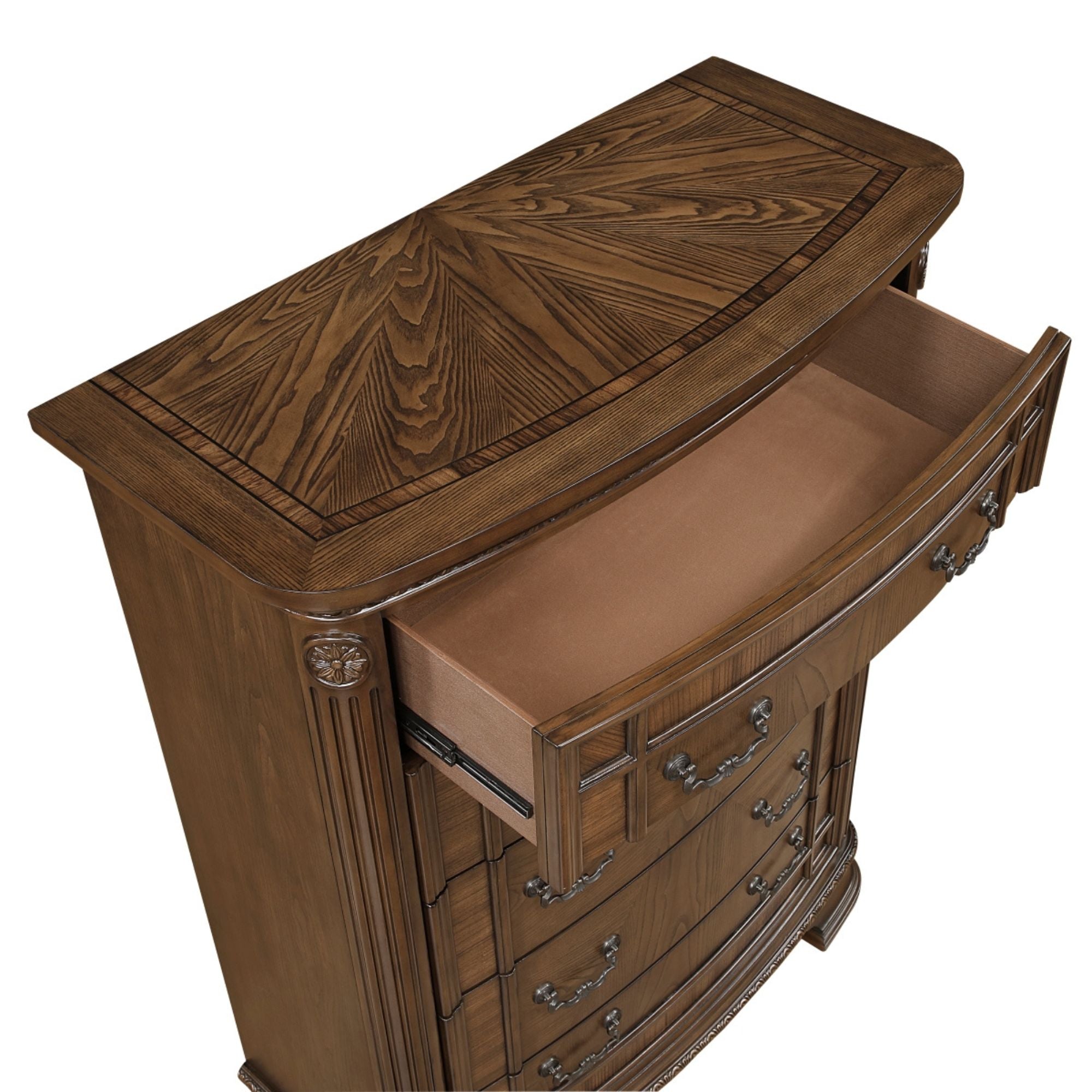Bridgepoint bedroom set by MAZ featuring a chest of drawers with a wooden finish and modern design.