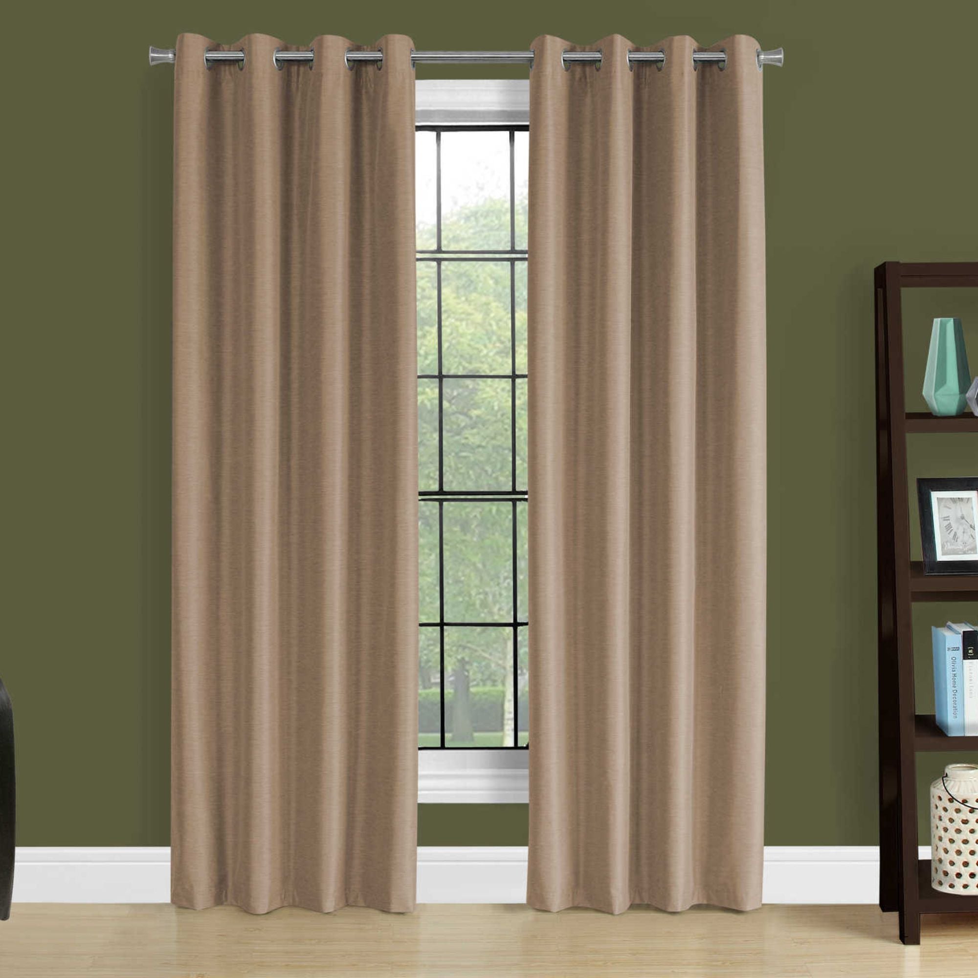 Brown blackout curtain panel set by Monarch Specialties, 52 inches wide, includes two brown fabric panels for darkening rooms.