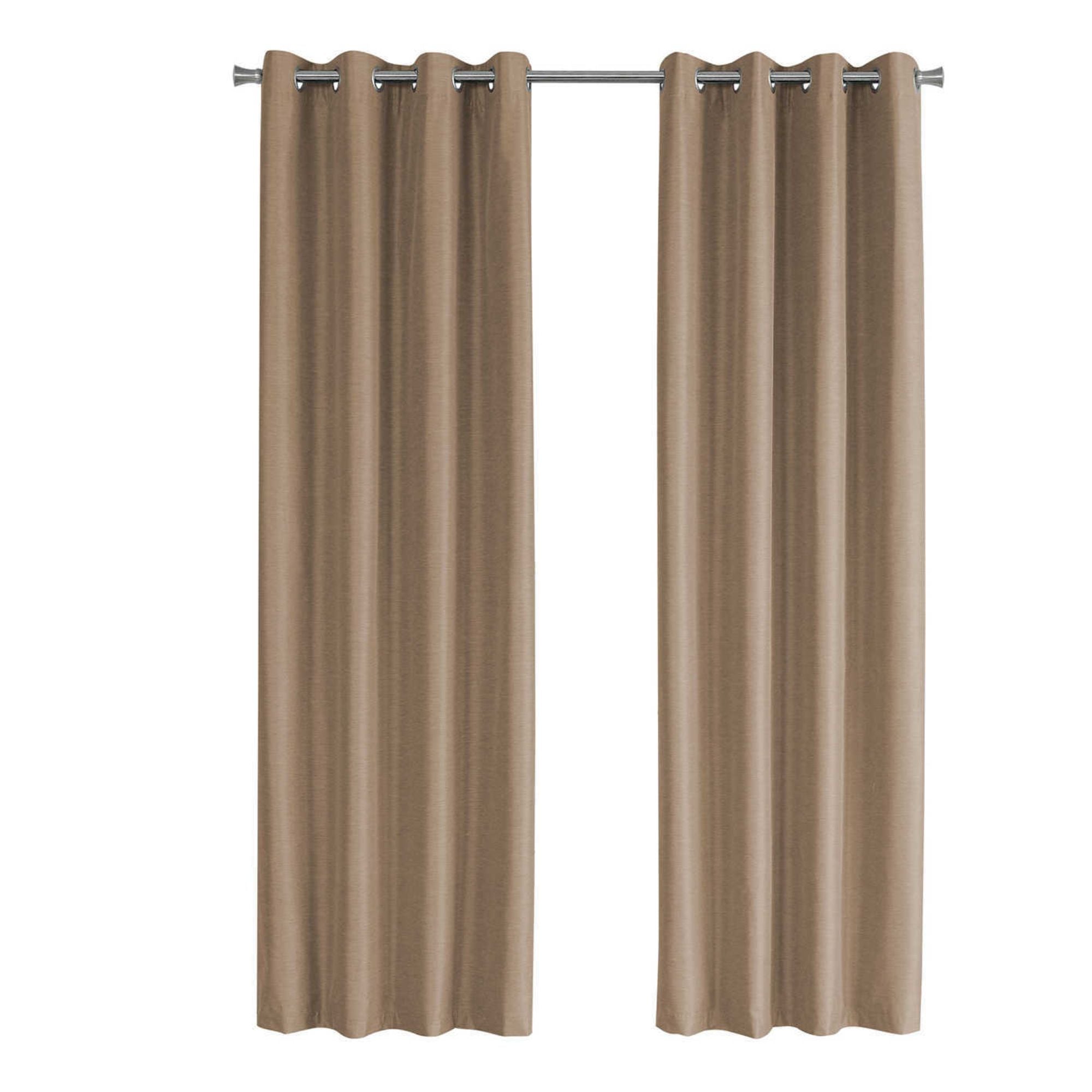 Brown blackout curtain panel set by Monarch Specialties, 52 inches wide, includes two brown fabric panels for window blocking and privacy.
