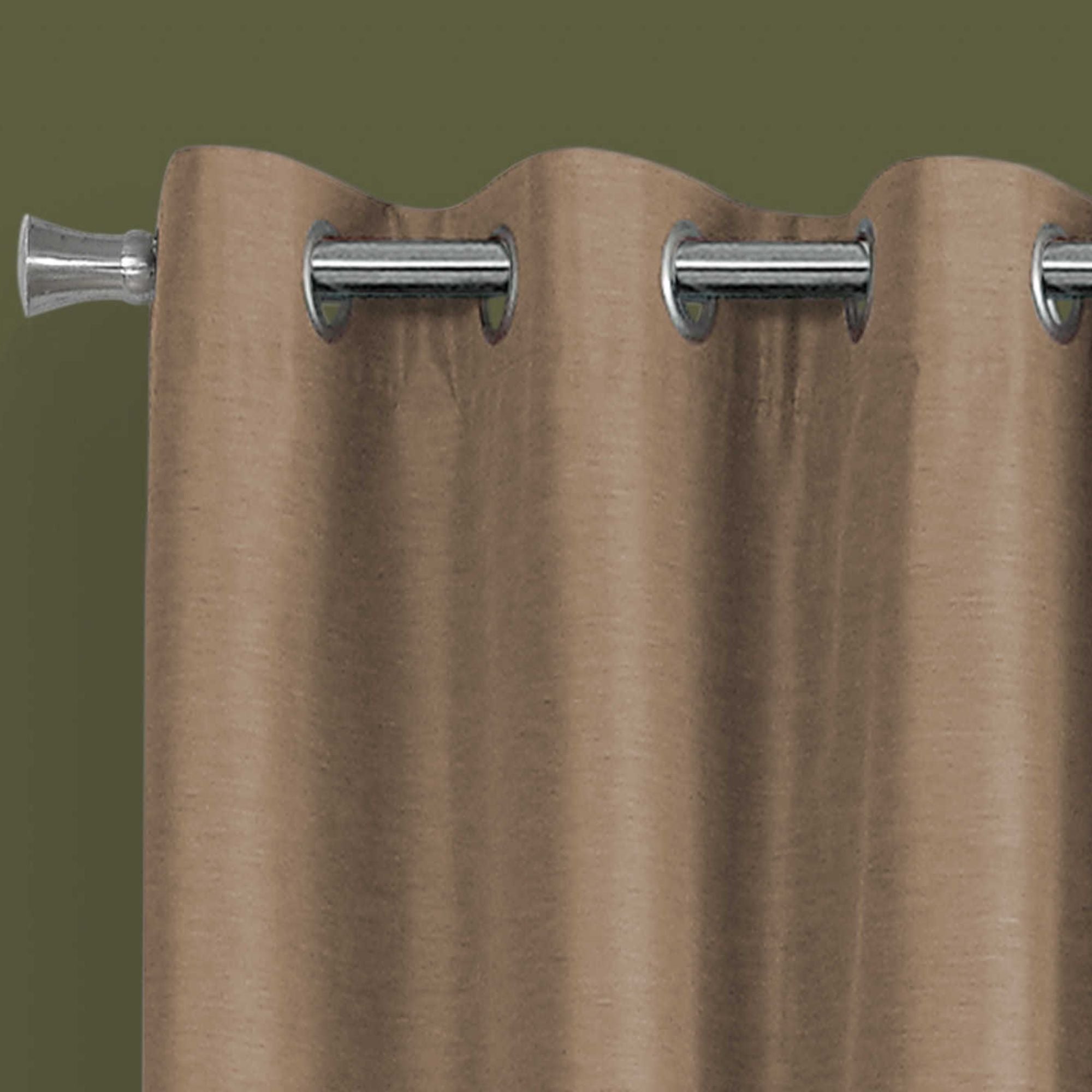 Brown blackout curtain panel set by Monarch Specialties, includes two 52-inch wide brown fabric panels for window privacy.