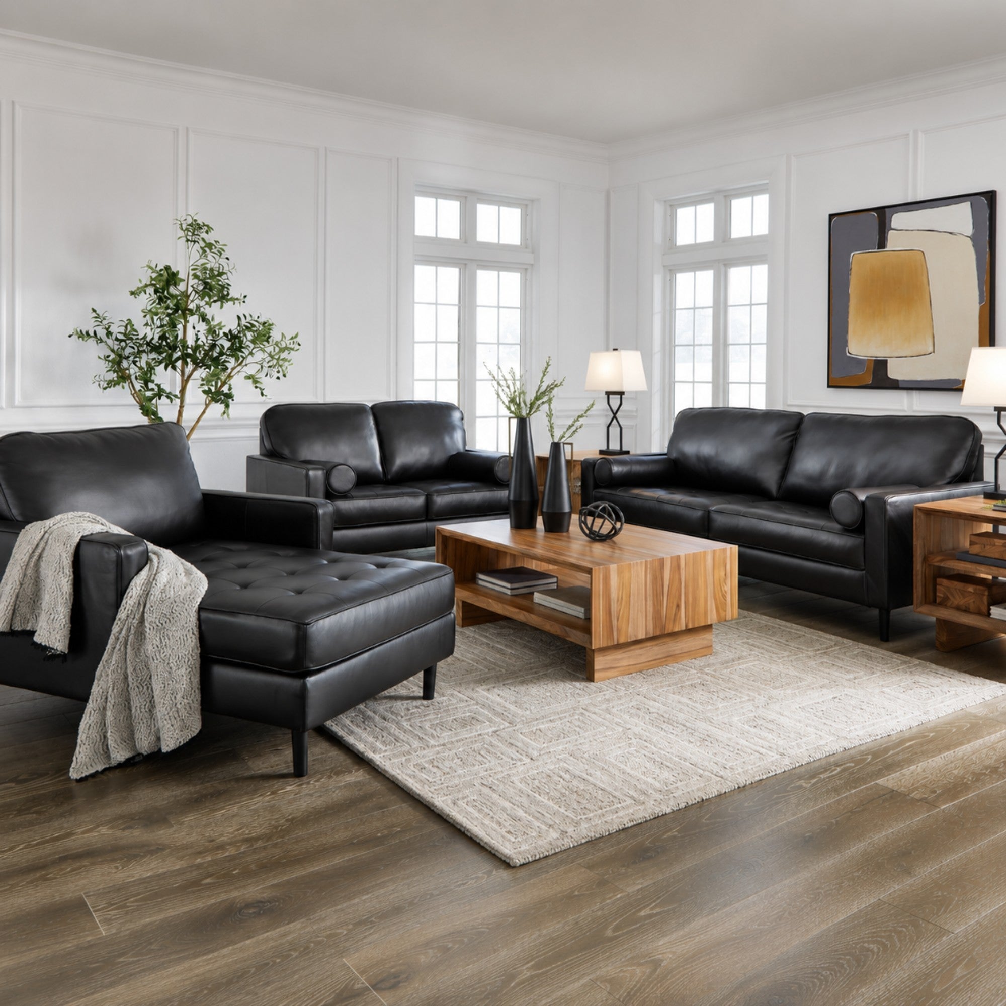 Bryceview Top Grain Leather Sofa Set Black