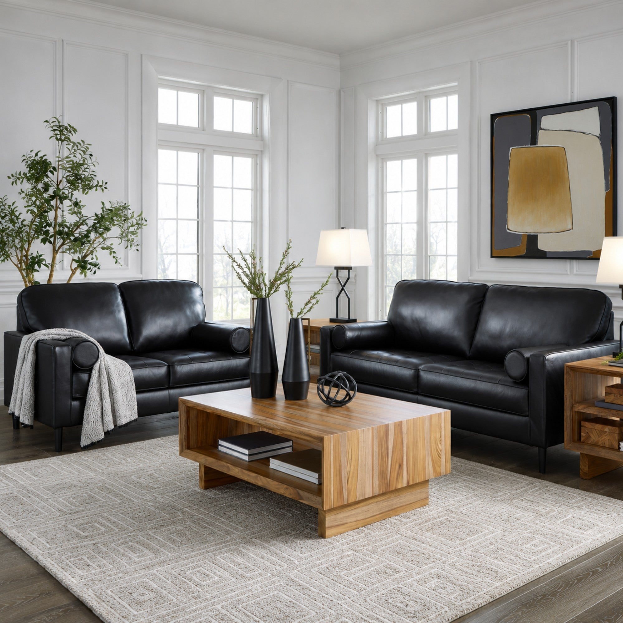 Bryceview Top Grain Leather Sofa Set Black