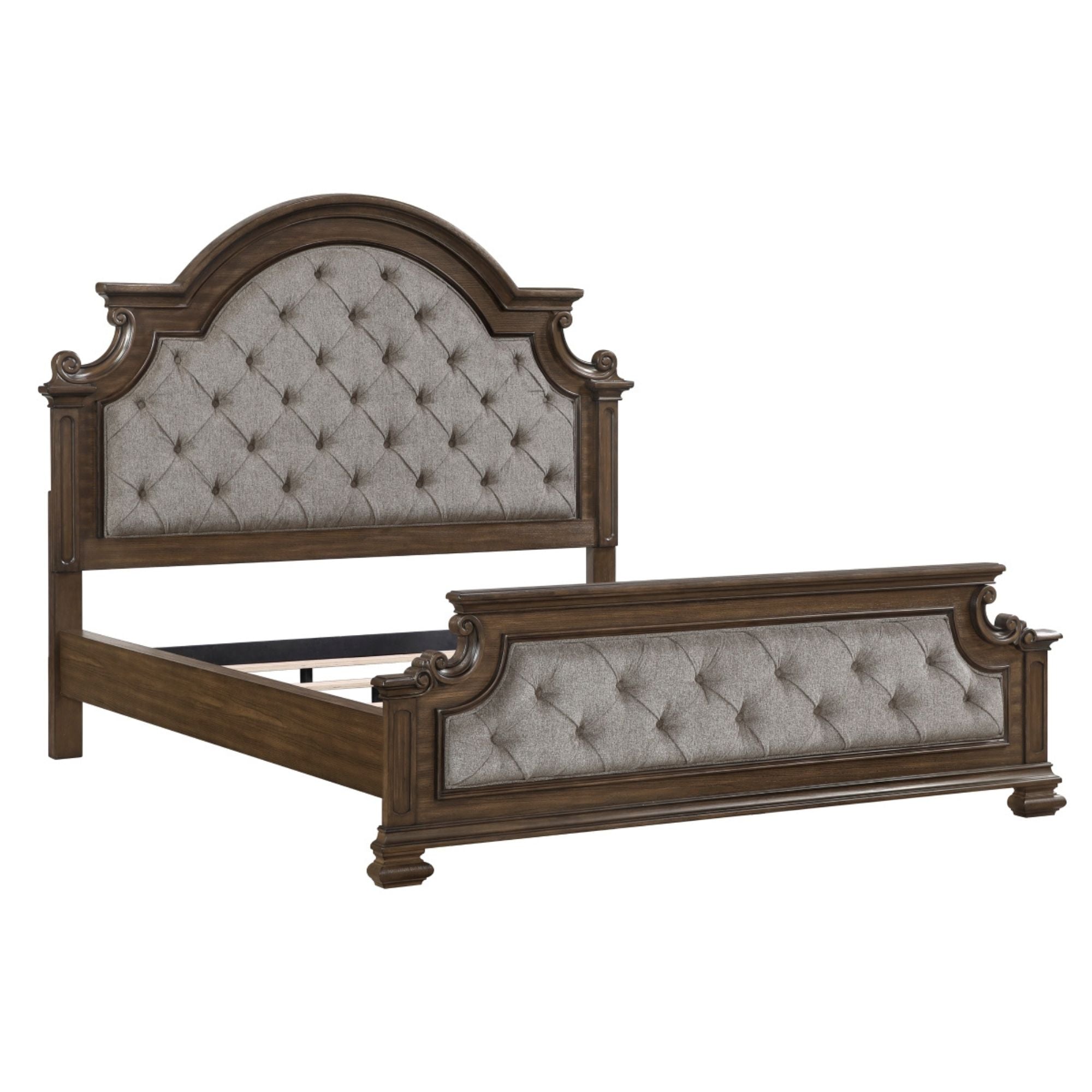 MAZ Buckingham Bed with a wooden frame and upholstered headboard, featuring a modern design and neutral fabric in a bedroom setting.