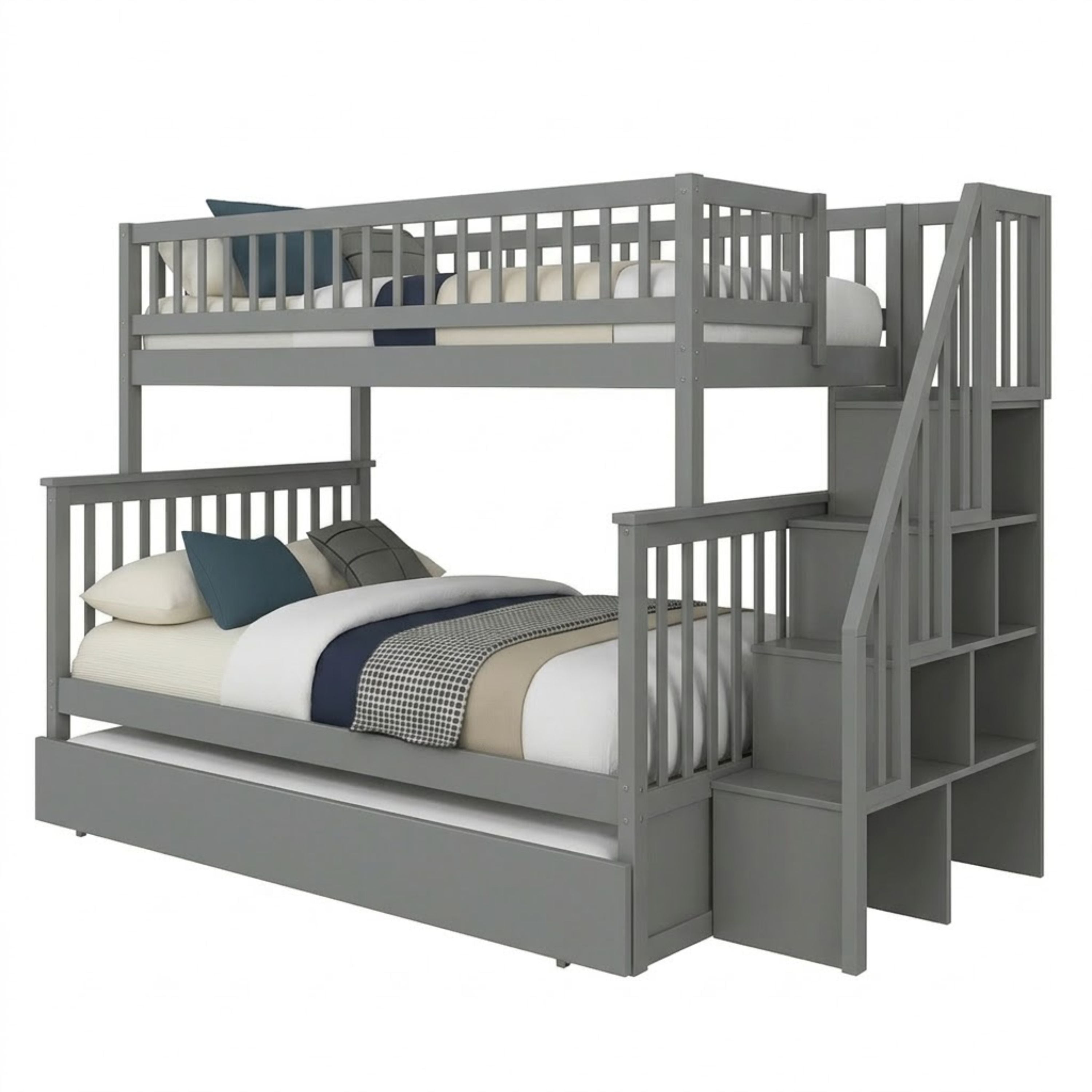 Grey twin over double bunk bed with built-in trundle from Titus Furniture, featuring a sturdy wooden frame and ladder.