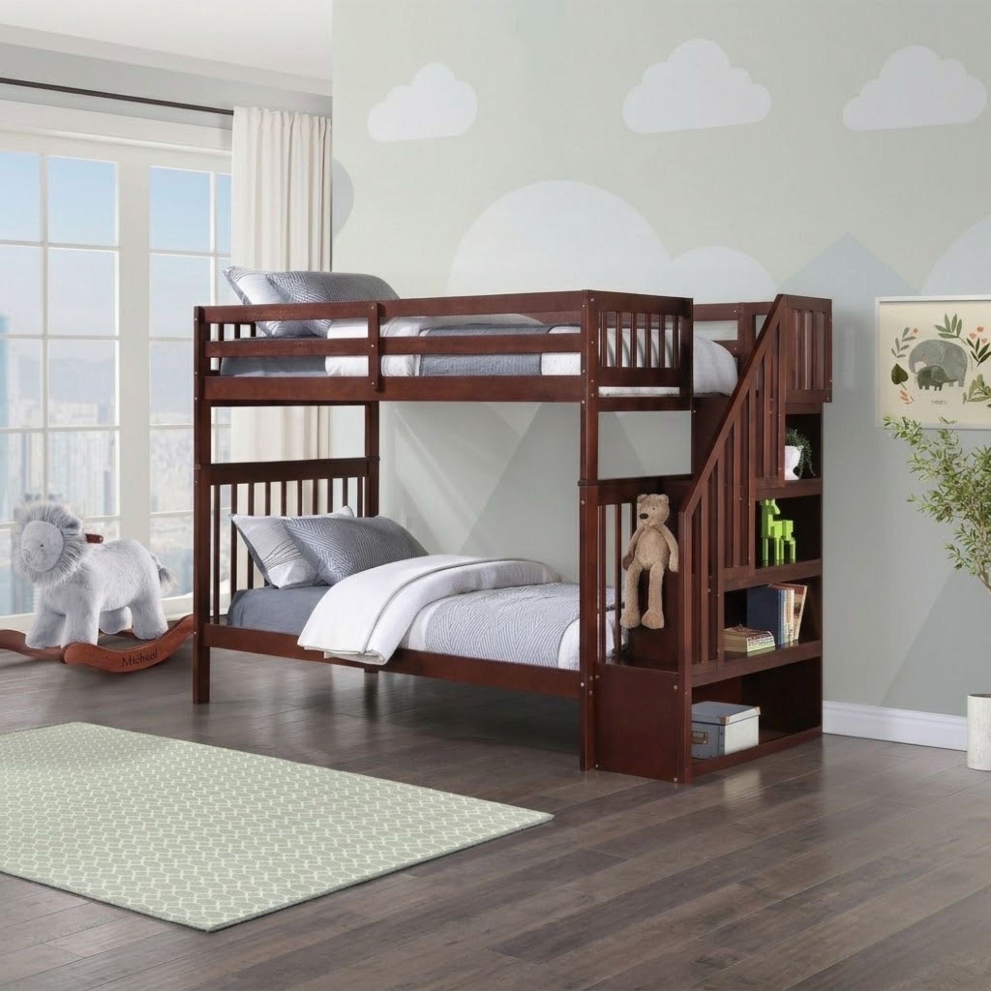 Brown Mission espresso twin-over-twin bunk bed with staircase storage by IFF, showing the sturdy wooden frame and built-in drawers.