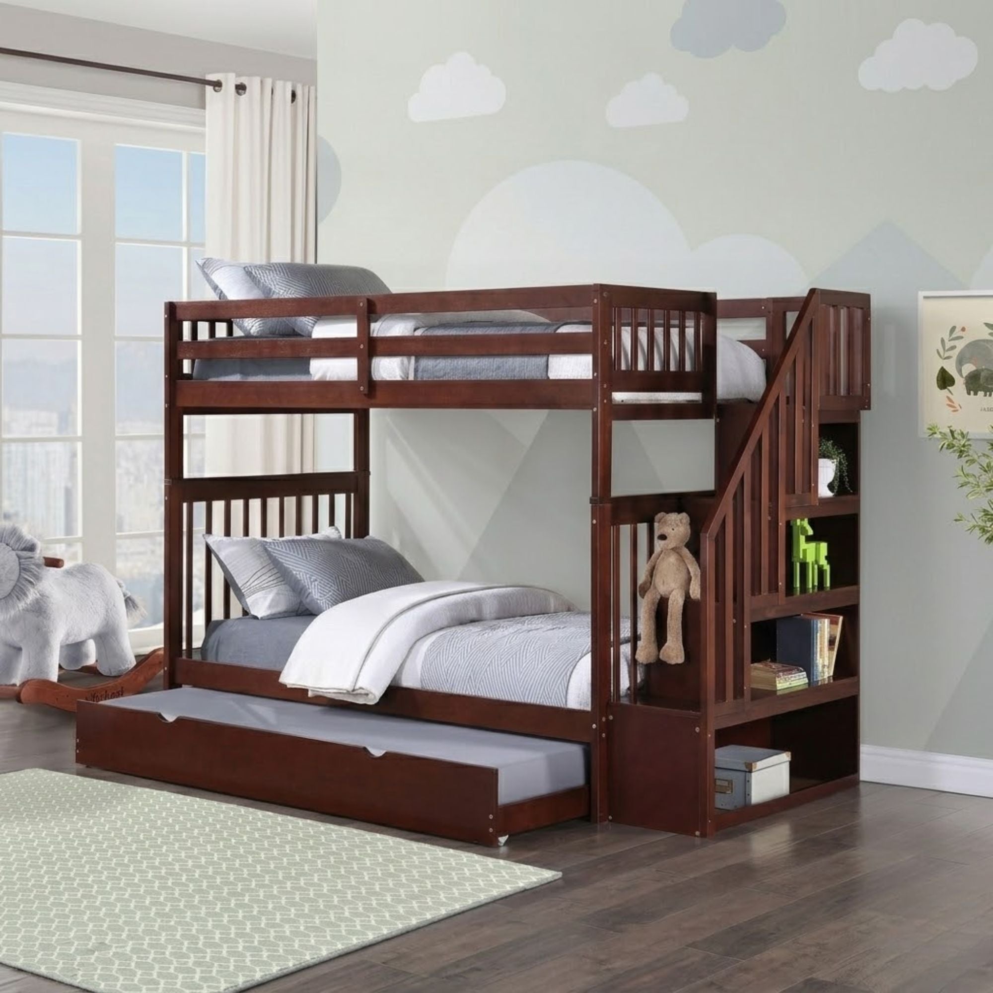 Brown Mission IFF twin-over-twin bunk bed with staircase and storage drawers, sturdy wood frame with safety rails.