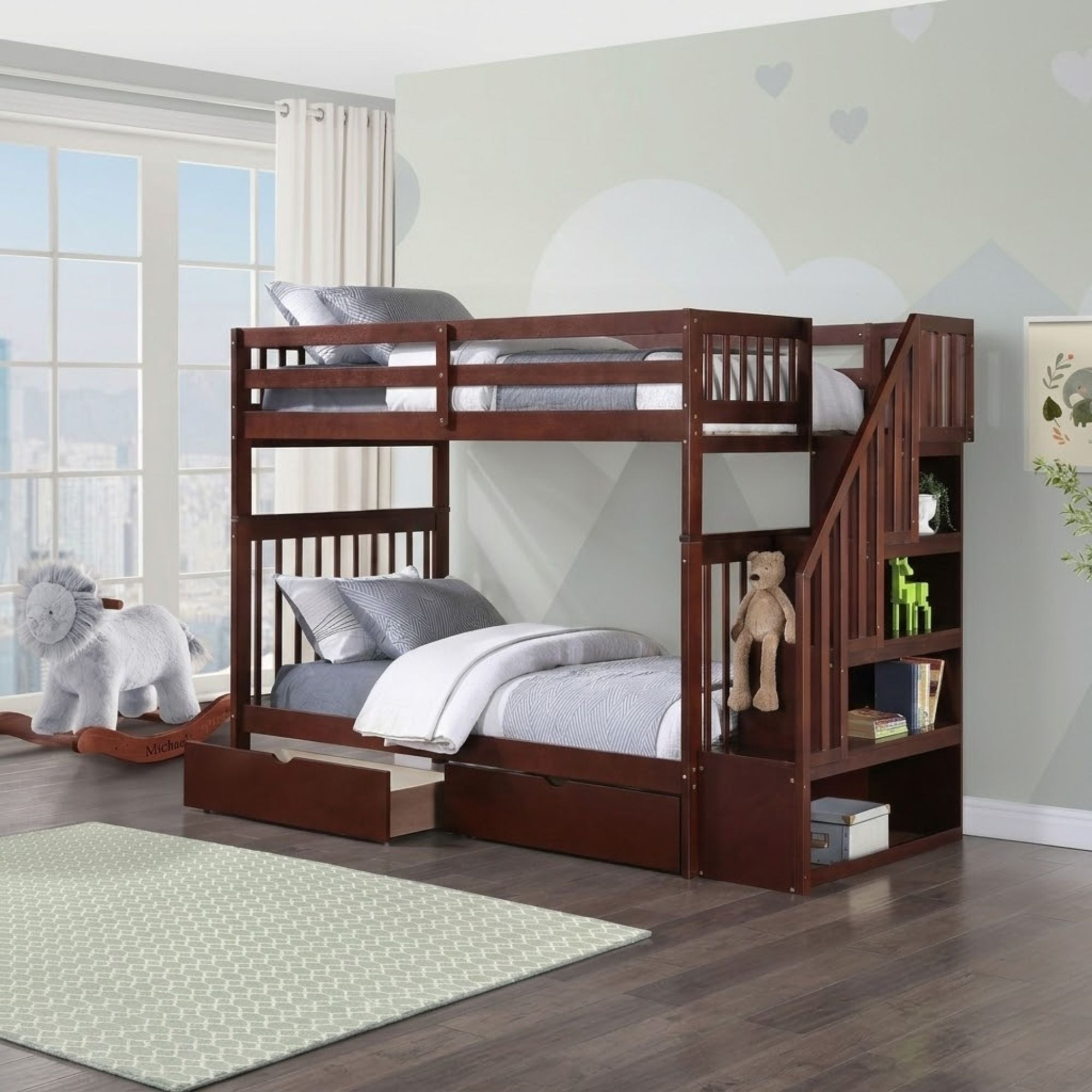Brown Mission Espresso twin-over-twin bunk bed with staircase and storage drawers, featuring a sturdy wooden frame and safety rails.