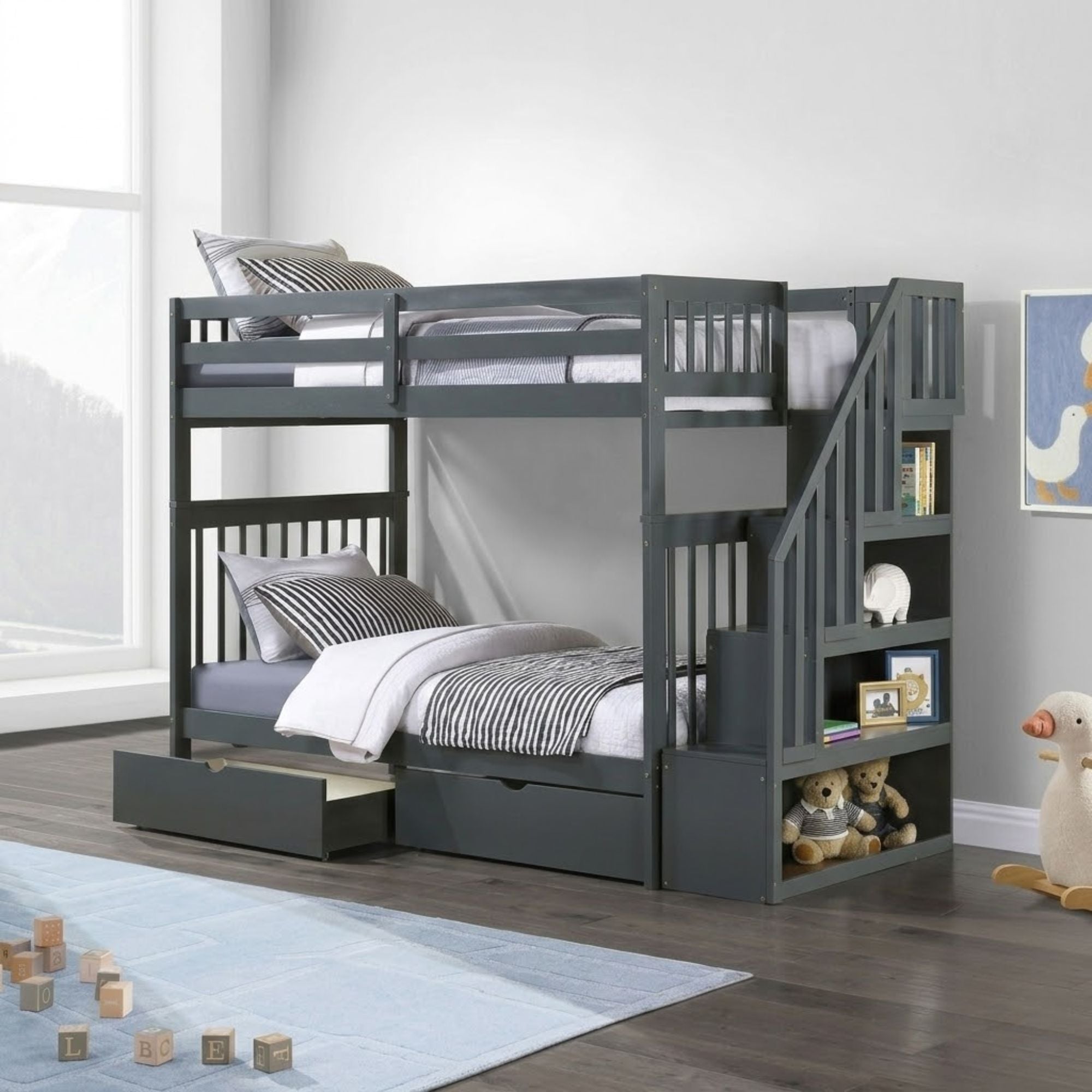 Grey Mission espresso twin-over-twin bunk bed with staircase and storage drawers in a modern bedroom setting.