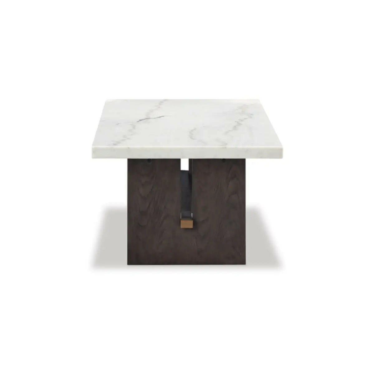 Signature Design by Ashley Burkhaus cocktail table with wooden top and metal base, modern coffee table for living room decor.
