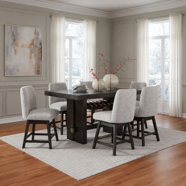 Dark brown Burkhaus pub dining set by Signature Ashley, featuring a sturdy table and matching chairs for a stylish dining room.