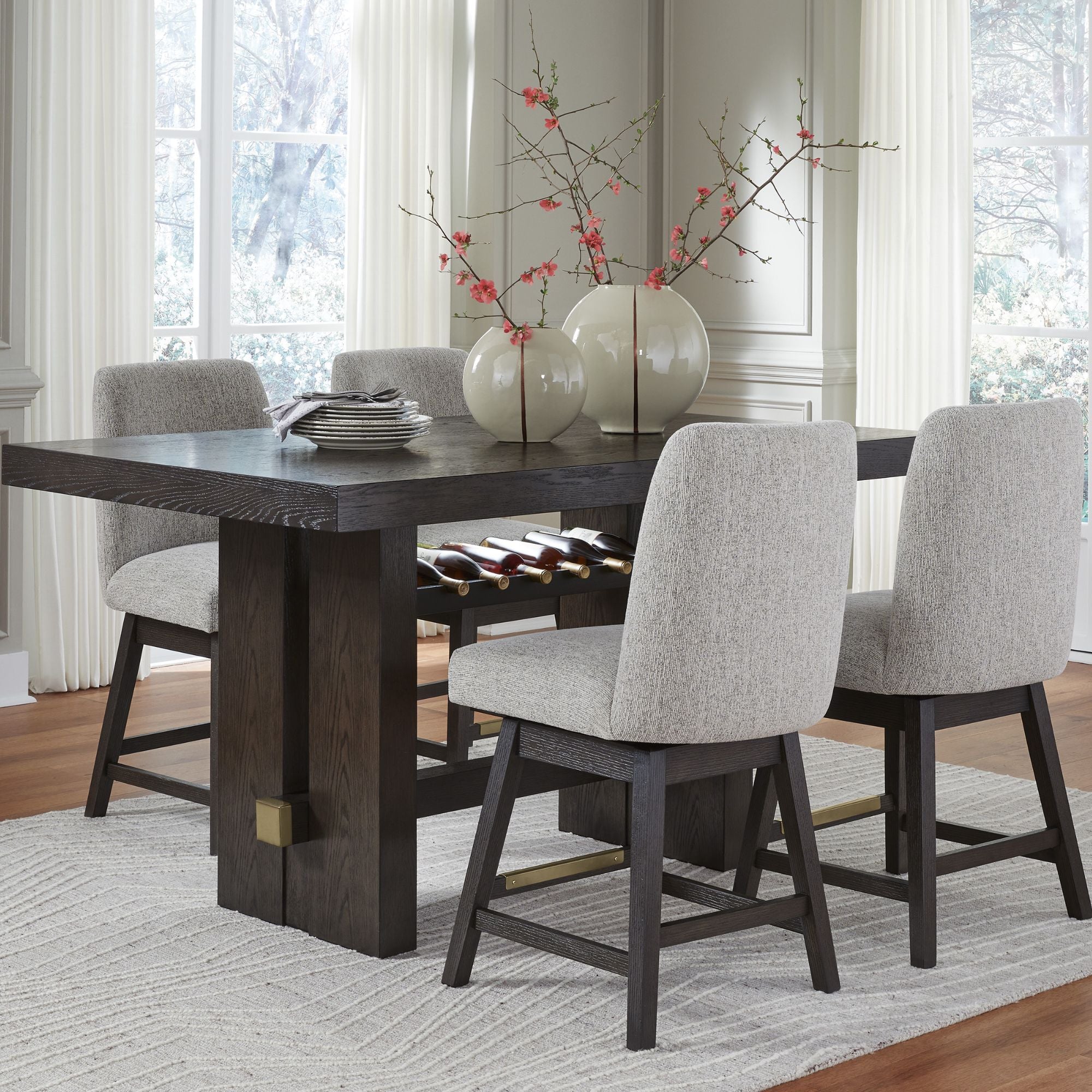 Dark brown Burkhaus pub dining set by Signature Ashley, featuring a table and matching chairs for a stylish dining room.
