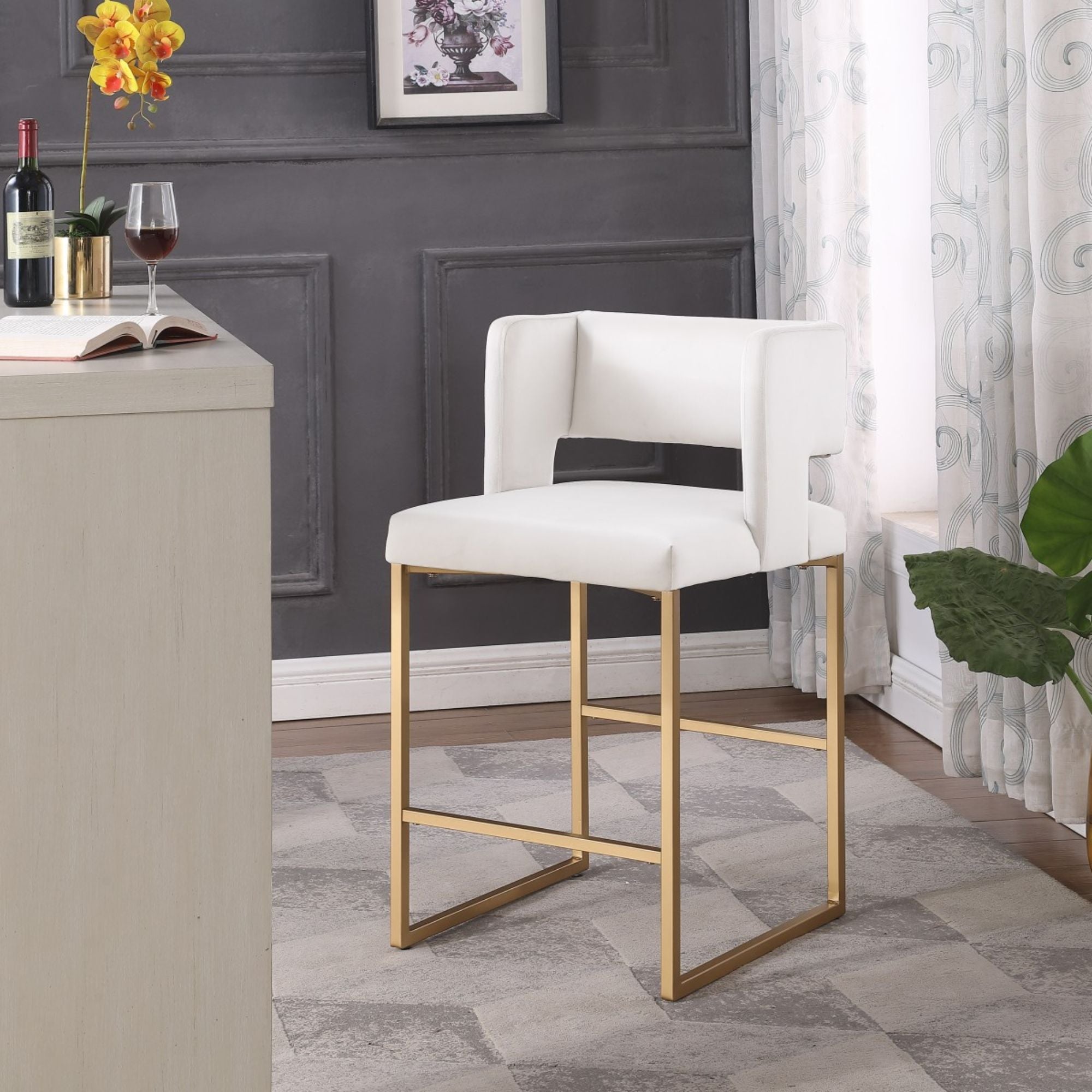 Set of two Brassex Anthony beige counter bar stools with padded seats and modern design, ideal for kitchen or home bar.