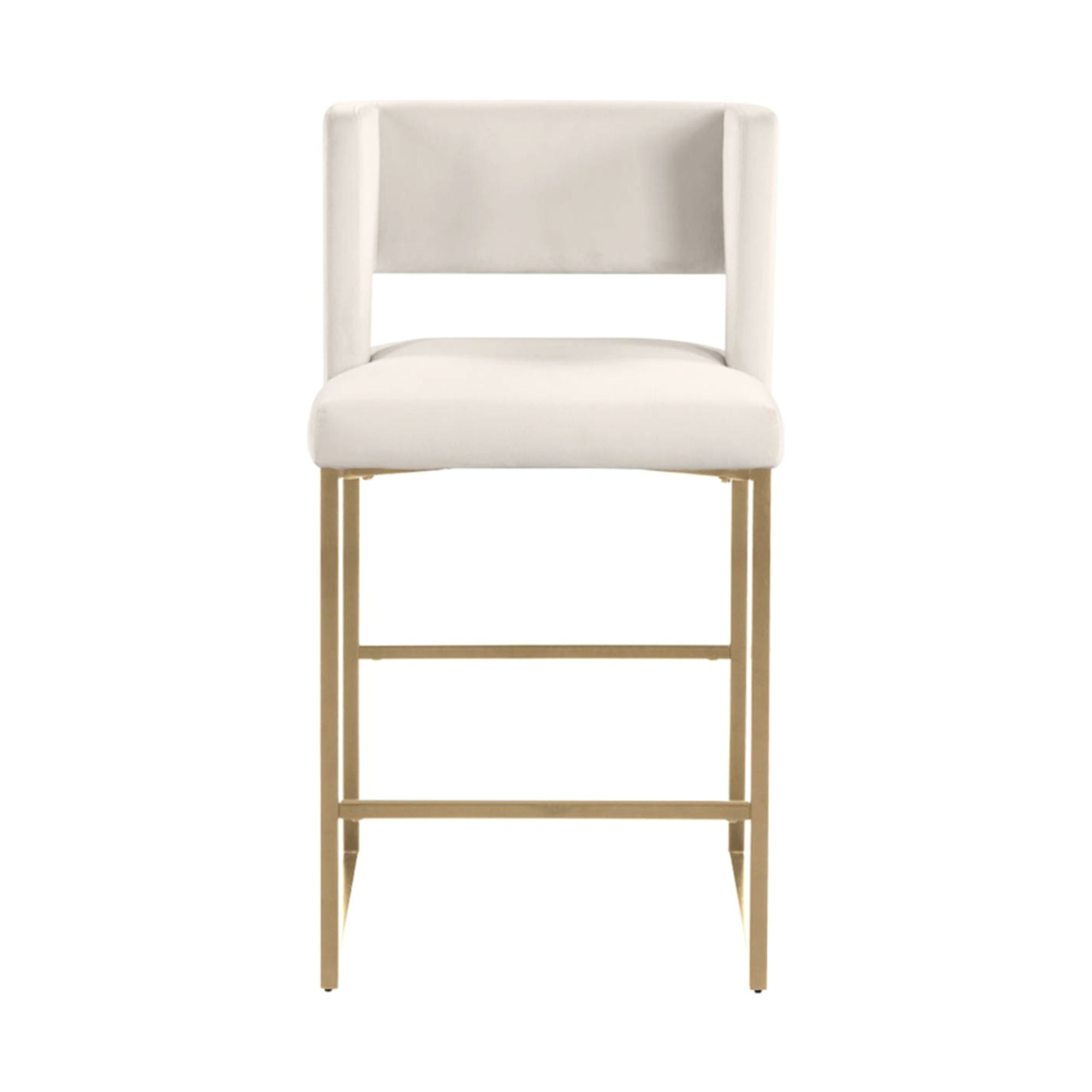 Set of two Brassex Anthony beige counter bar stools with padded seats and sleek metal legs, ideal for kitchen or bar area.