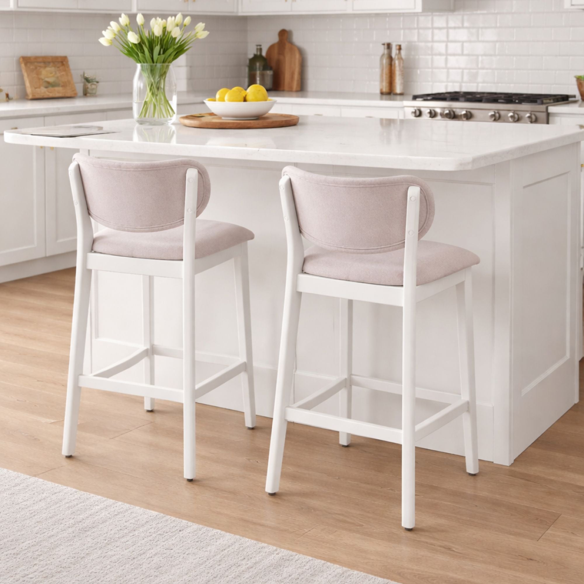 Pair of Brassex cream counter bar stools with padded seats and sleek metal legs, ideal for kitchen or bar area.