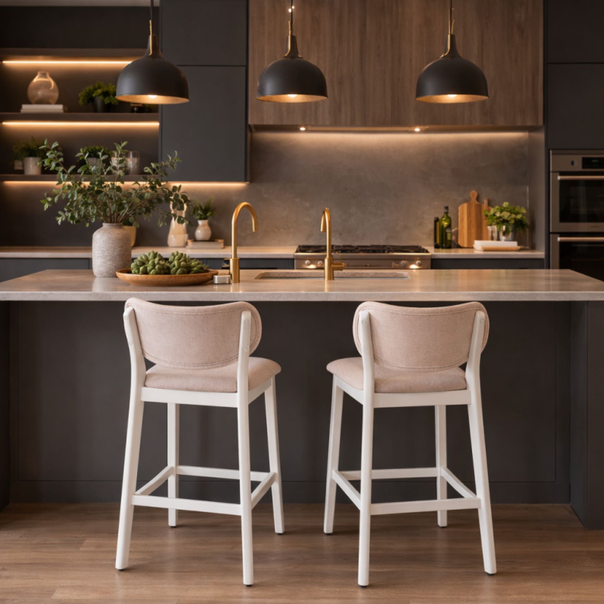 Pair of Brassex cream counter bar stools with wooden legs, featuring cushioned seats and backrests for comfortable seating.