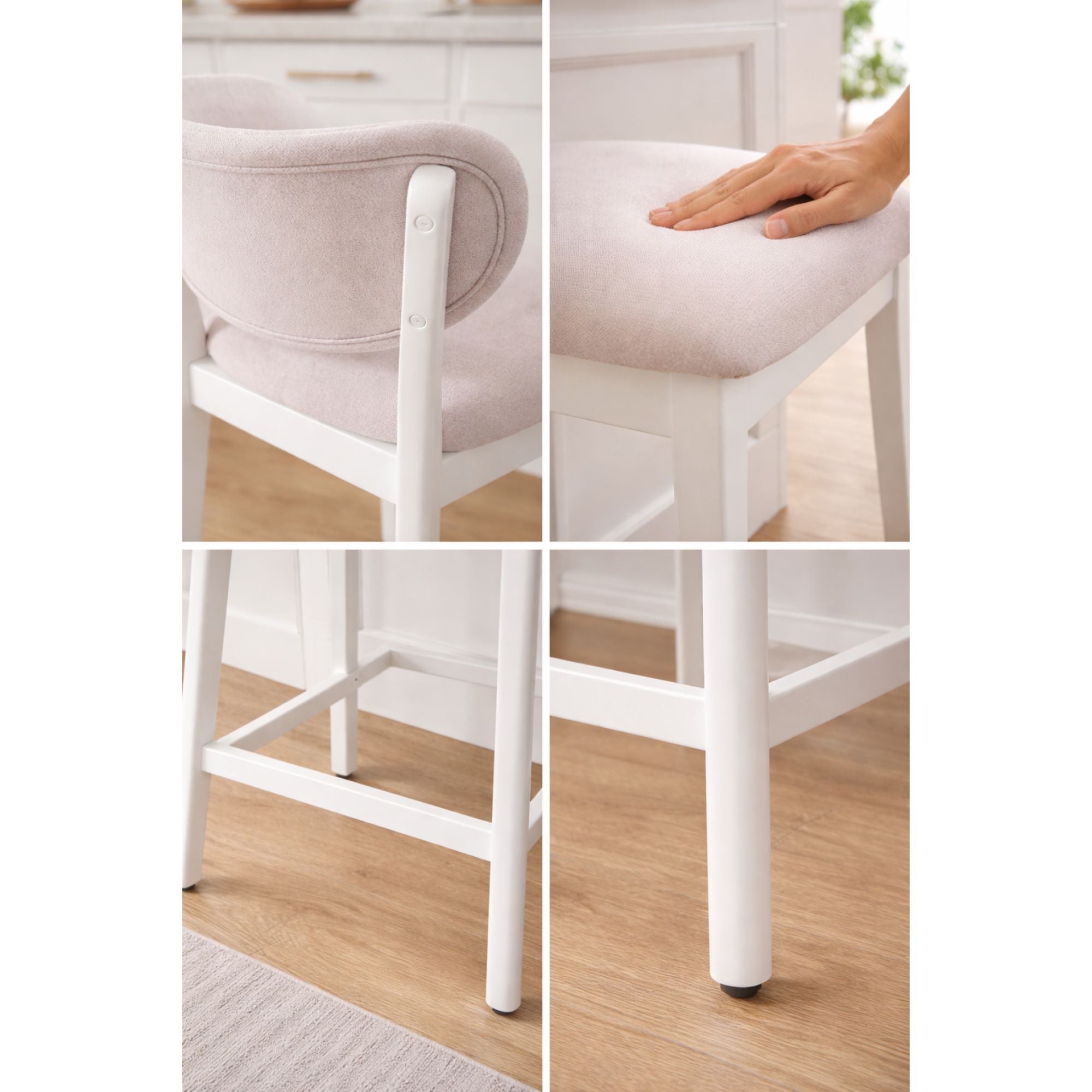 Set of two cream Brassex counter bar stools with cushioned seats and sleek metal legs, ideal for kitchen or bar area.