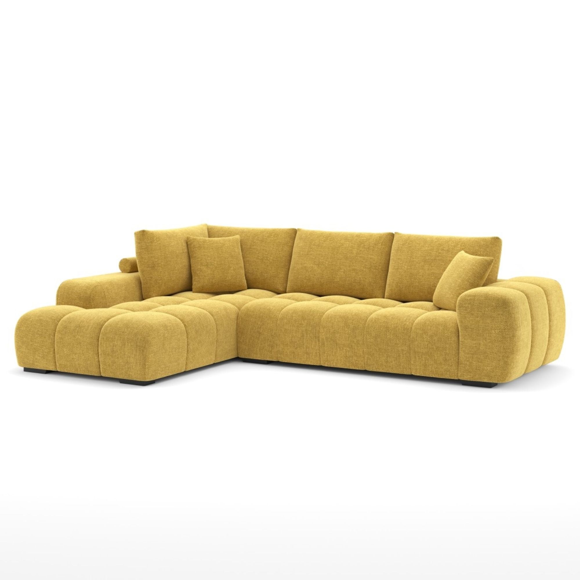 Yellow Brassex Zara sectional sofa with plush cushions and modern design, shown in a spacious living room setting.