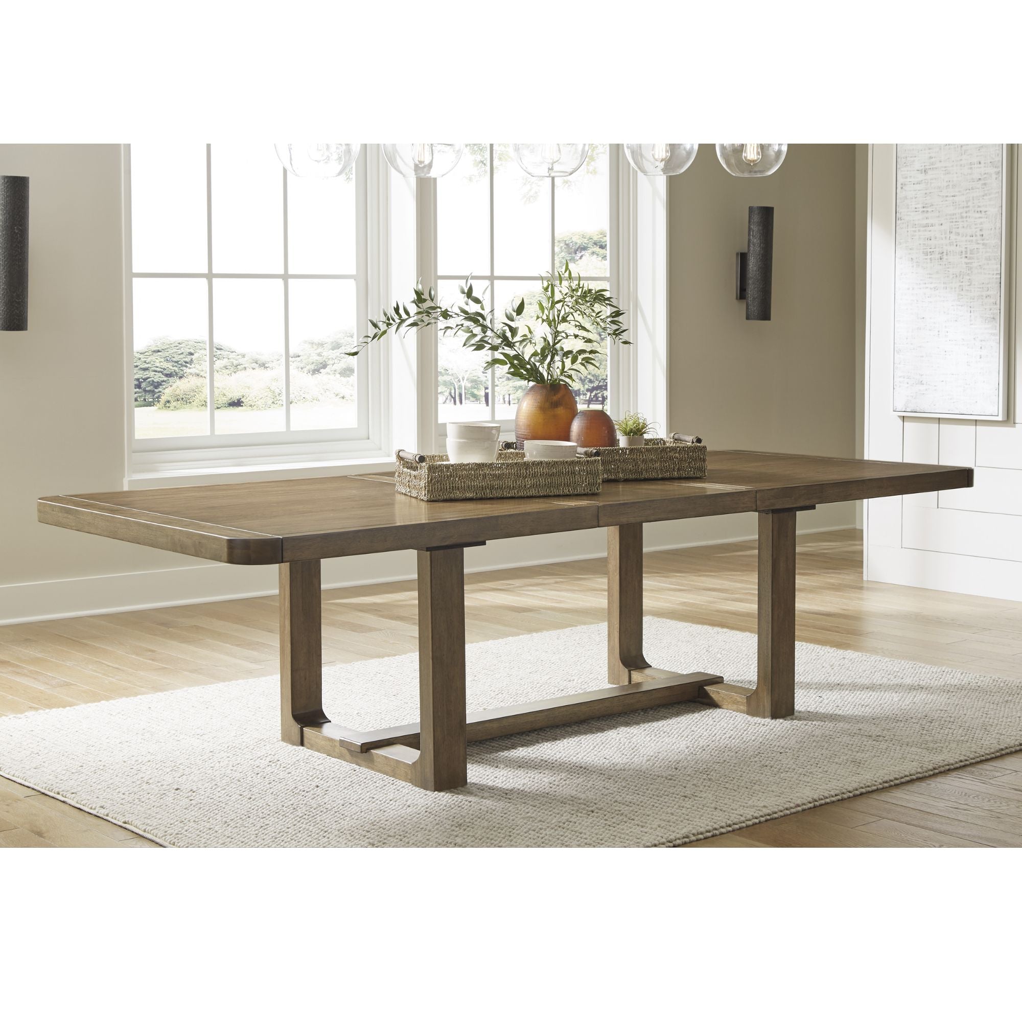Signature Ashley Cabalynn RECT dining table with wooden finish, showing a spacious rectangular design in a modern kitchen setting.