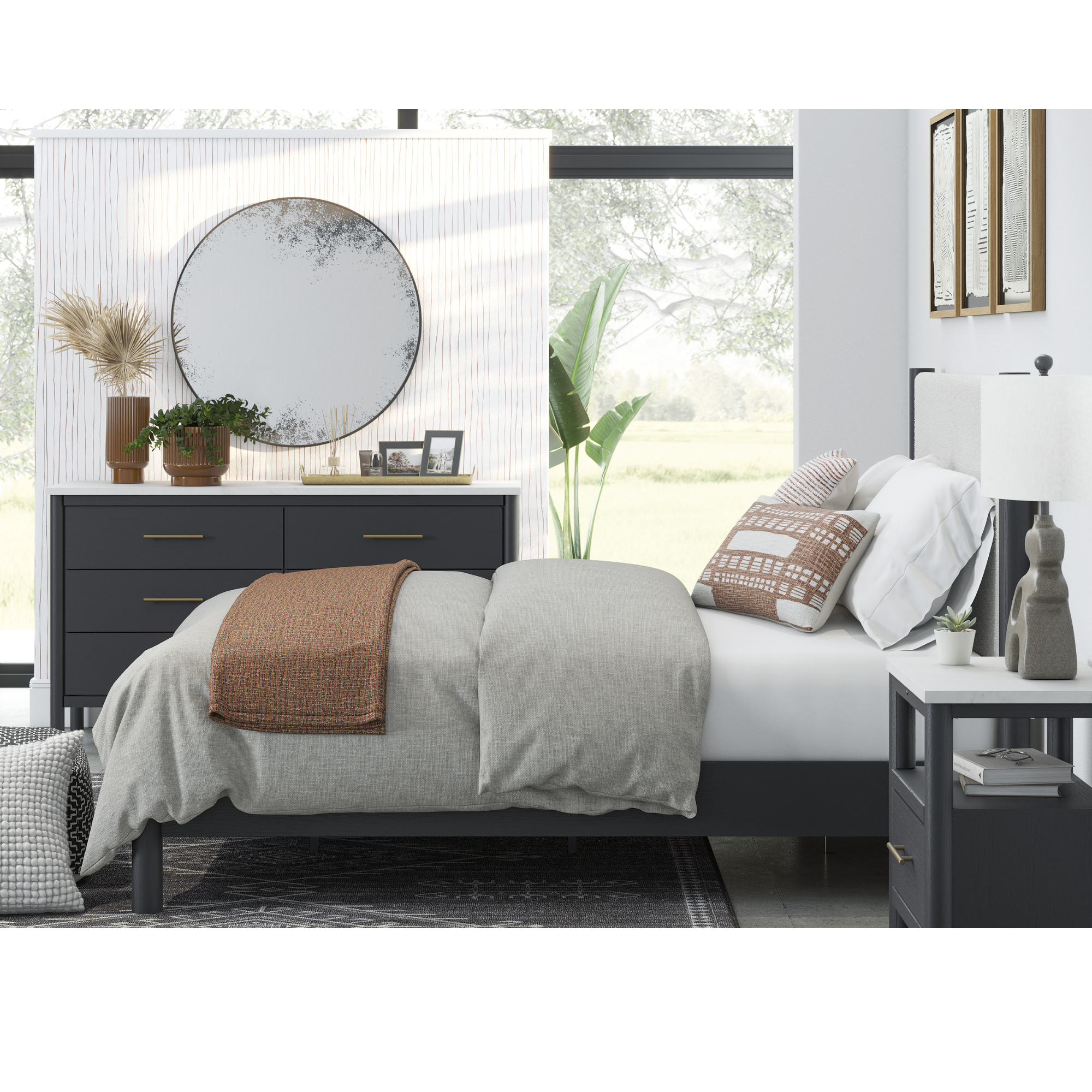 Black upholstered panel platform bed by Signature Ashley with sleek design, shown in a modern bedroom setting.