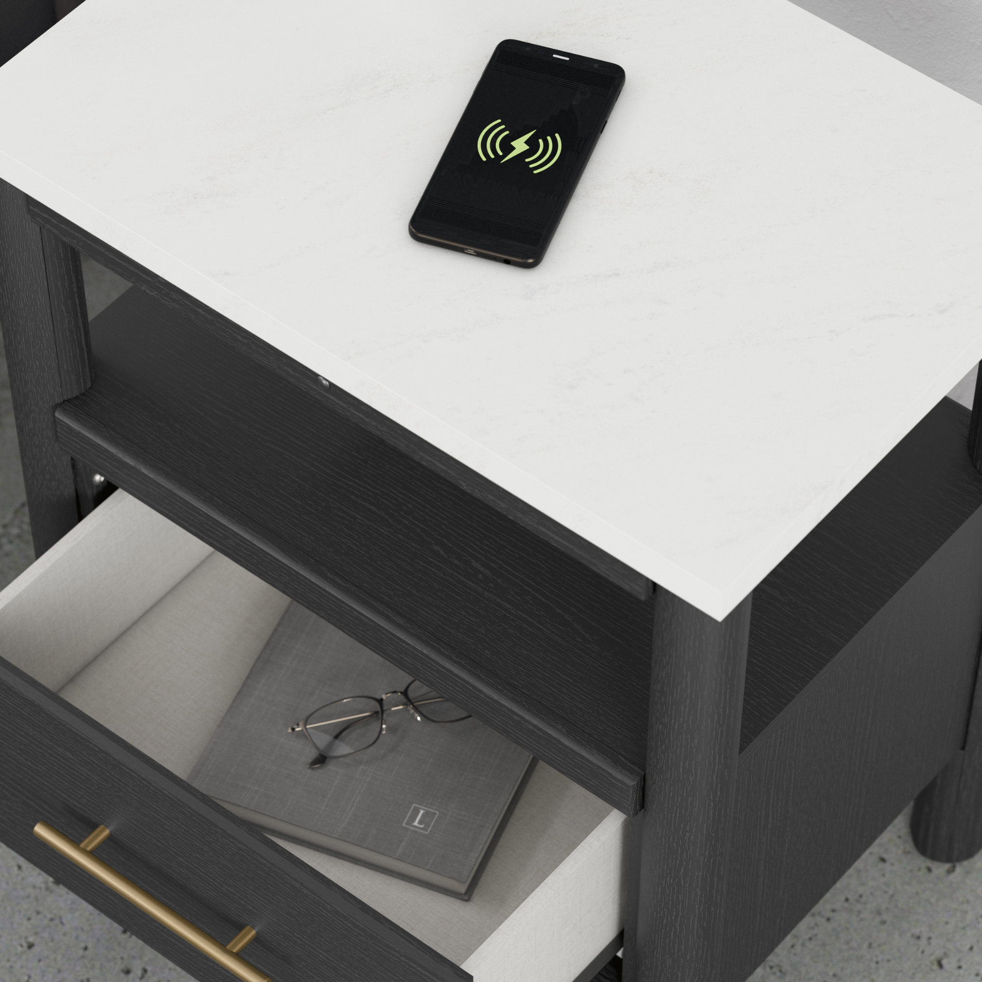 Black Cadmori one-drawer nightstand by Signature Ashley, showcasing a sleek bedroom furniture piece with a modern design.