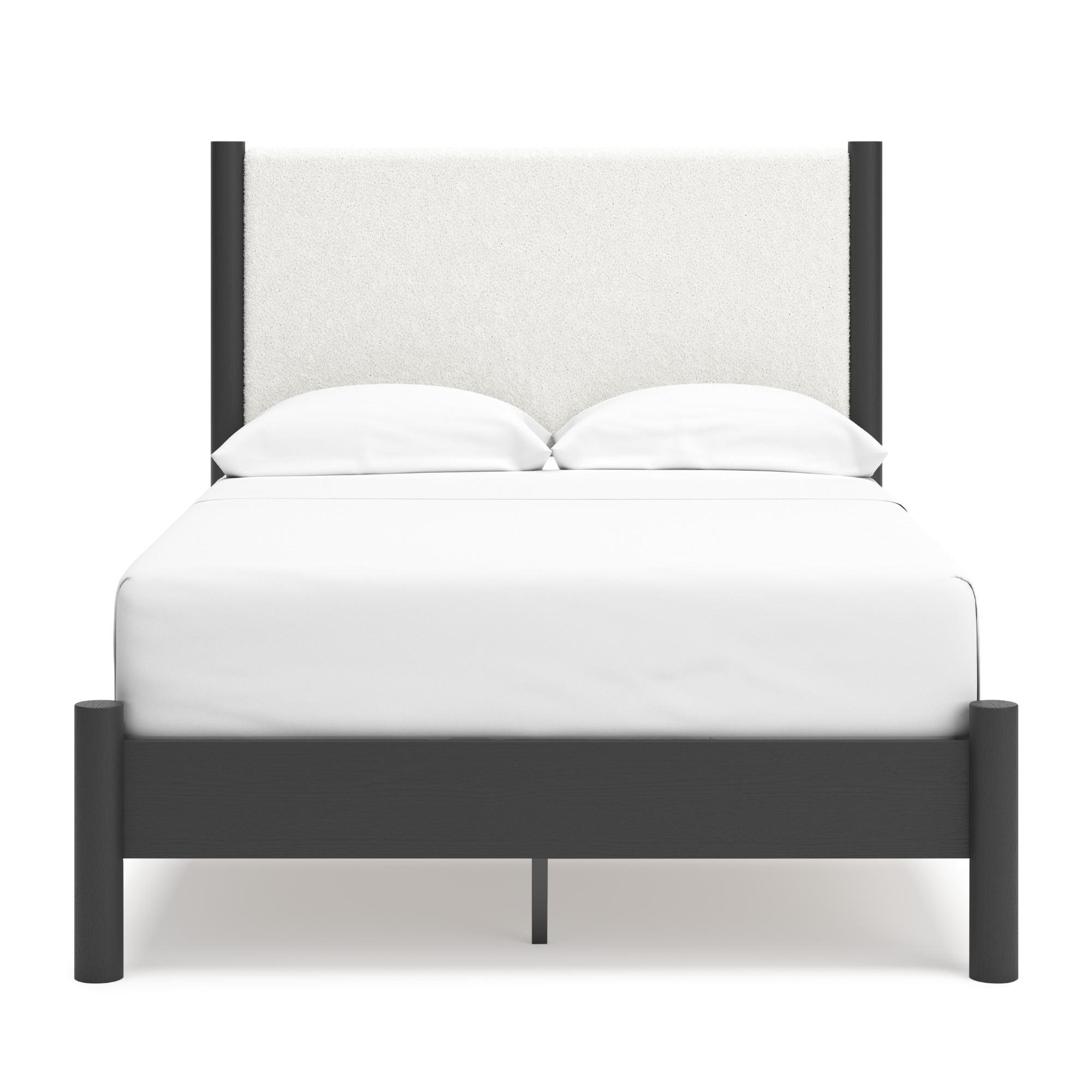 Black upholstered panel platform bedroom set by Signature Ashley with a sleek modern design and matching headboard.