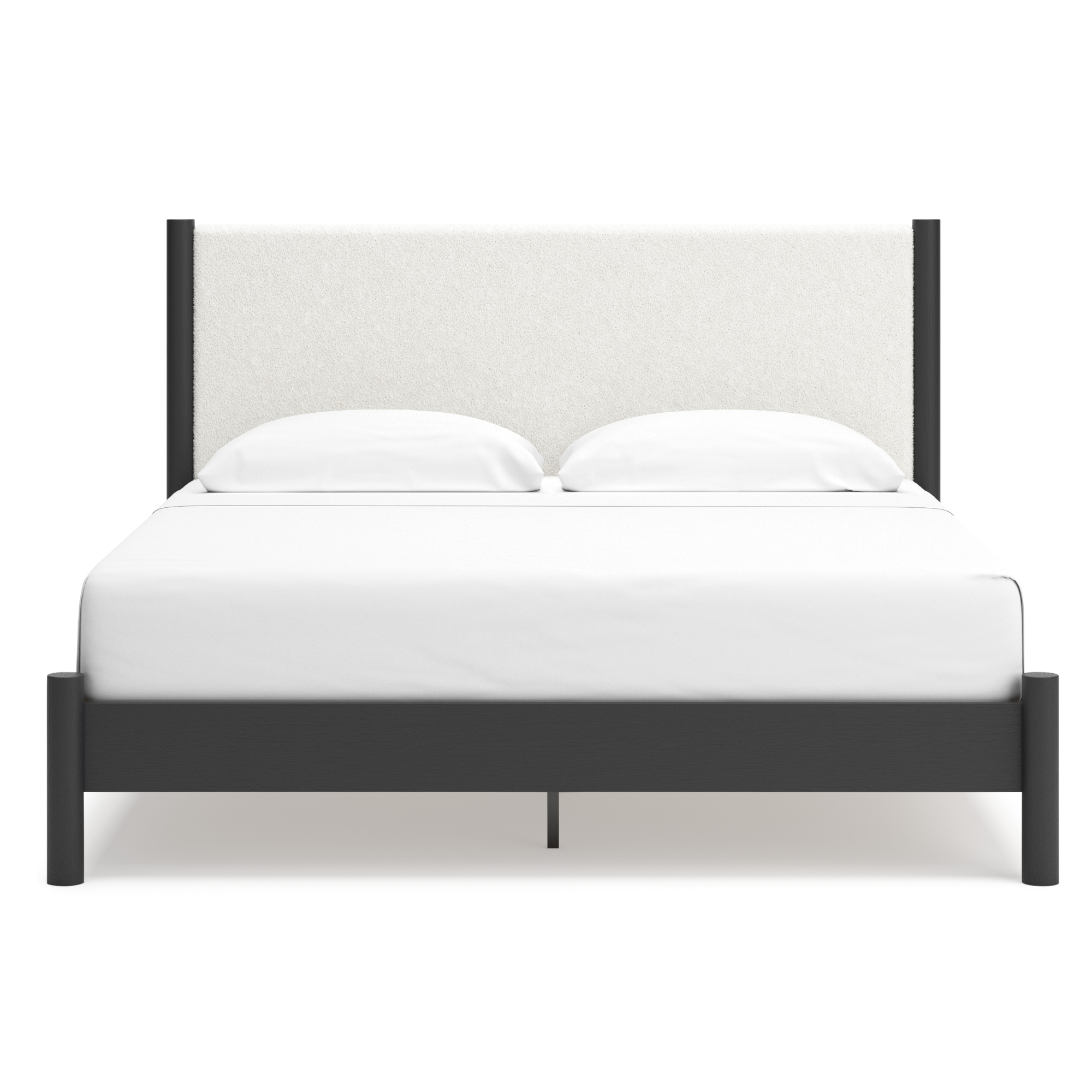 Black upholstered panel platform bedroom set by Signature Ashley, featuring a modern bed frame with matching headboard and sleek design.