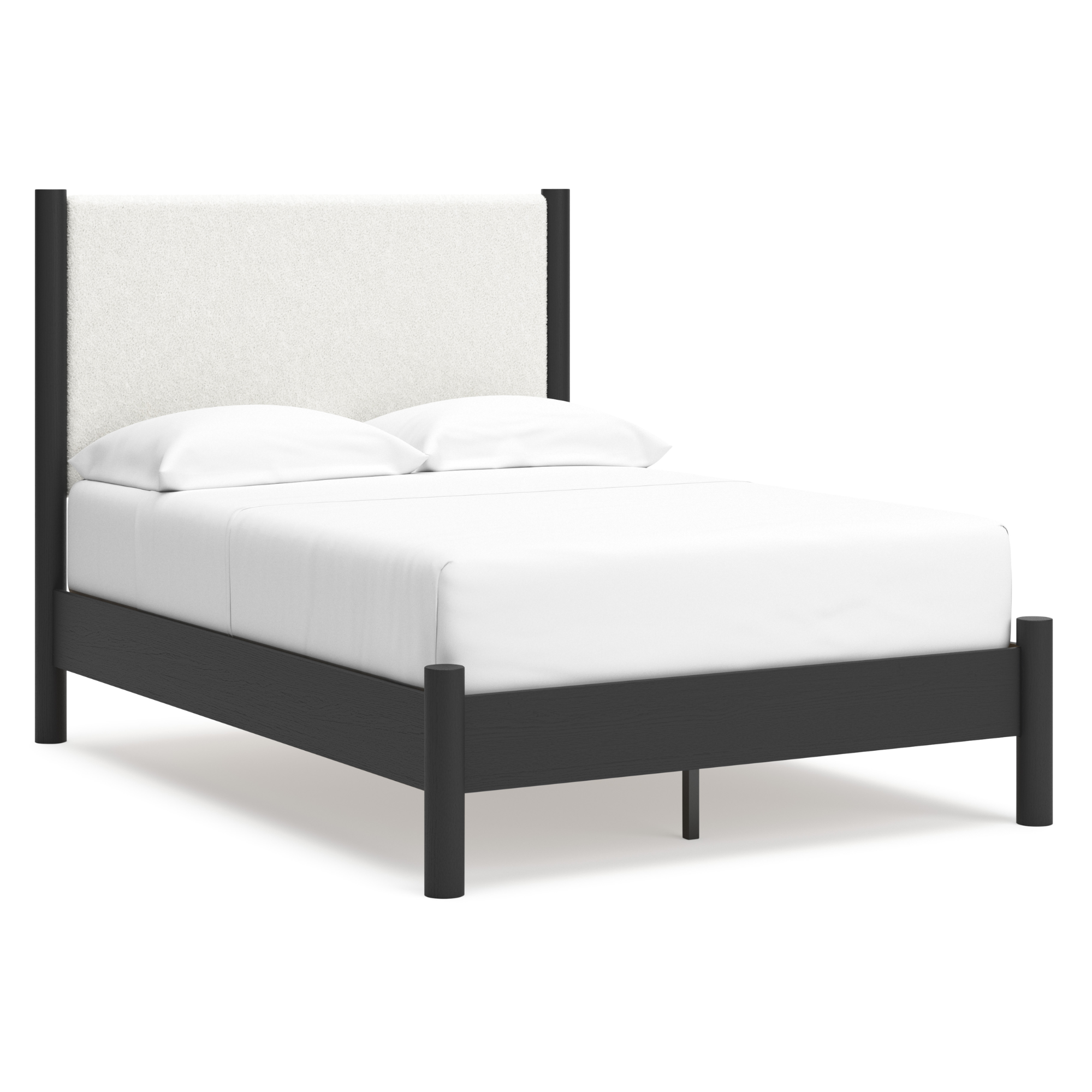Black upholstered panel platform bedroom set by Signature Ashley featuring a modern design with a sturdy frame and sleek headboard.
