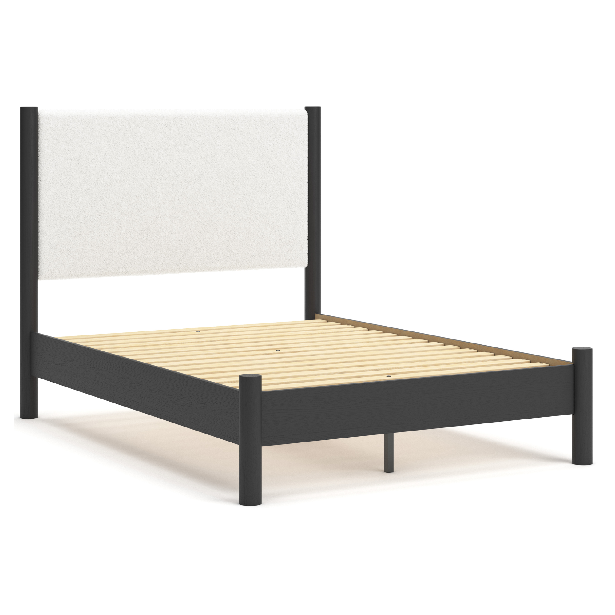 Black upholstered panel platform bedroom set by Signature Ashley, includes bed frame and matching bedroom furniture.
