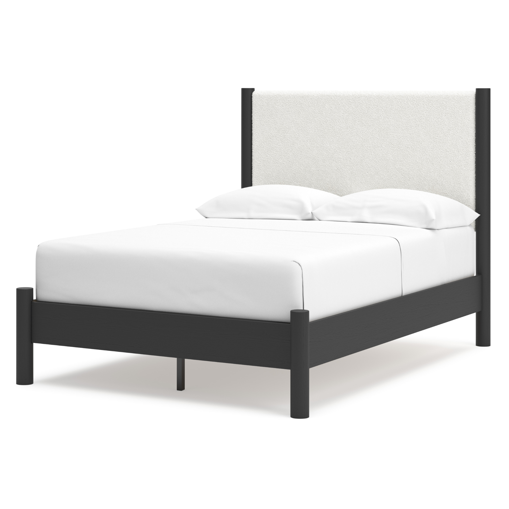 Black upholstered panel platform bed from Signature Ashley, featuring a sleek and modern design for a contemporary bedroom.