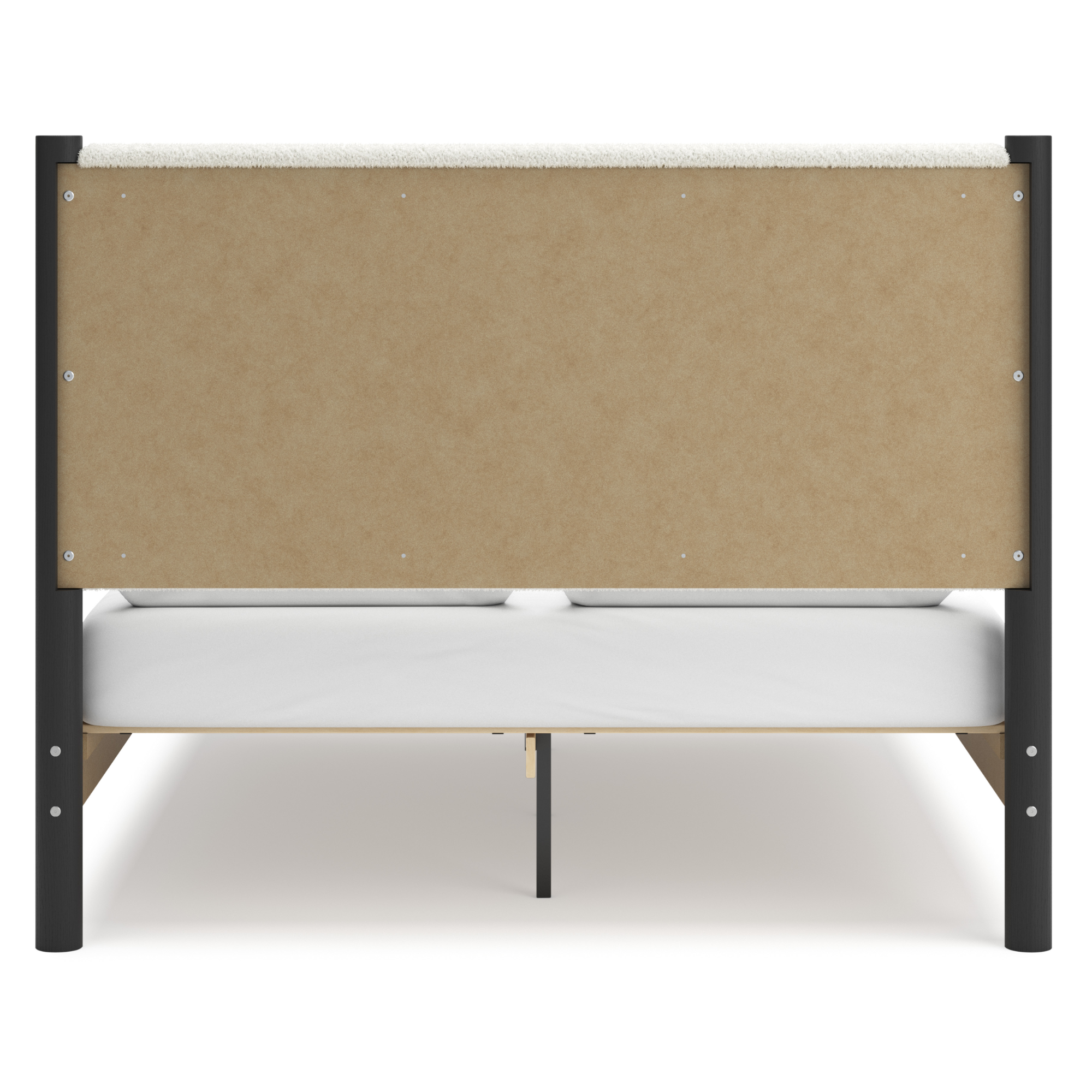 Black upholstered panel platform bedroom set by Signature Ashley, featuring a modern bed frame and matching bedroom furniture.