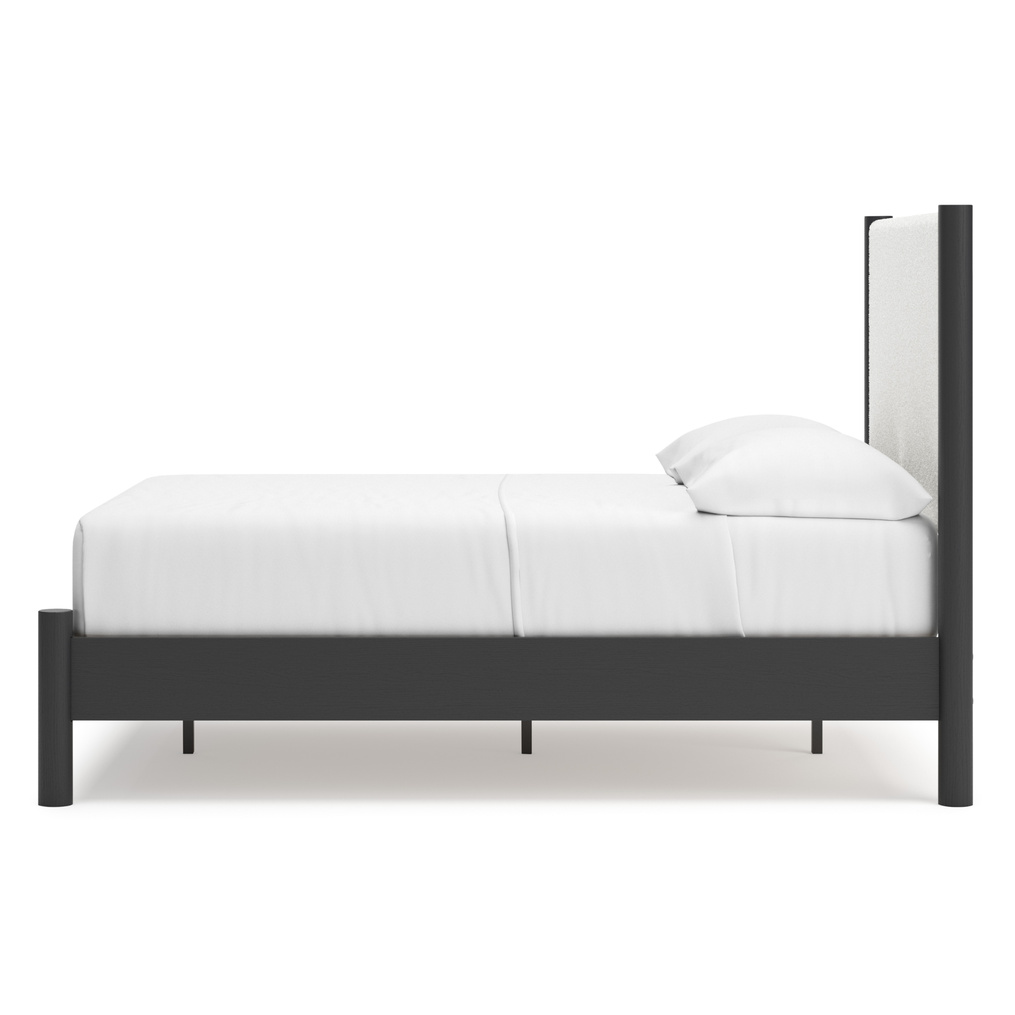 Black upholstered panel platform bedroom set by Signature Ashley, featuring a bed frame with padded headboard and matching bedroom furniture.