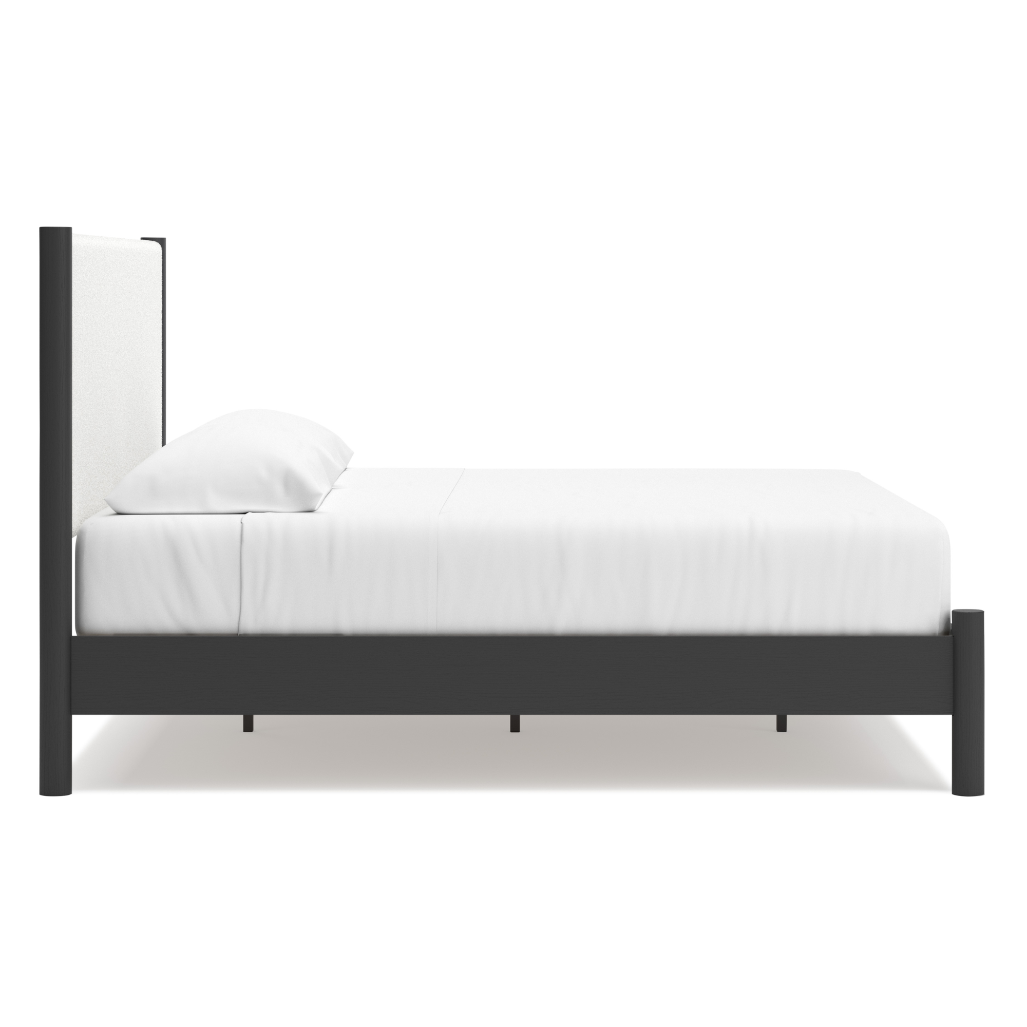 Black upholstered panel platform bedroom set by Signature Ashley, includes bed with padded headboard and matching furniture.