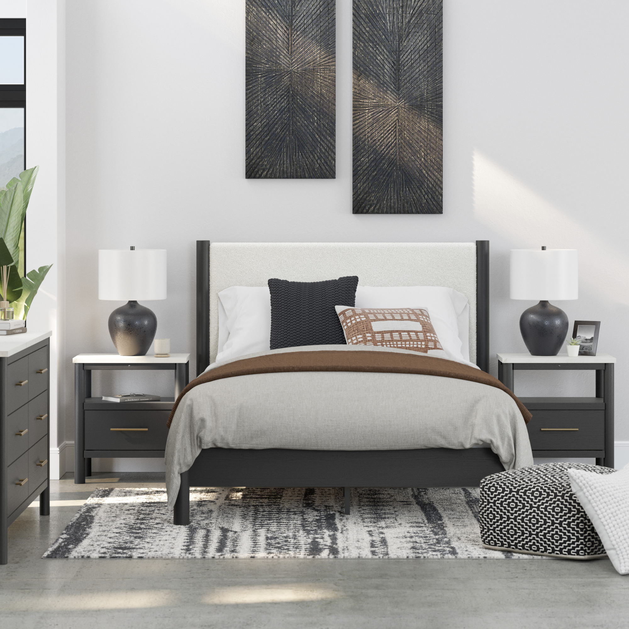 Black upholstered panel platform bed by Signature Ashley with a sleek, modern design and clean lines for a contemporary bedroom.