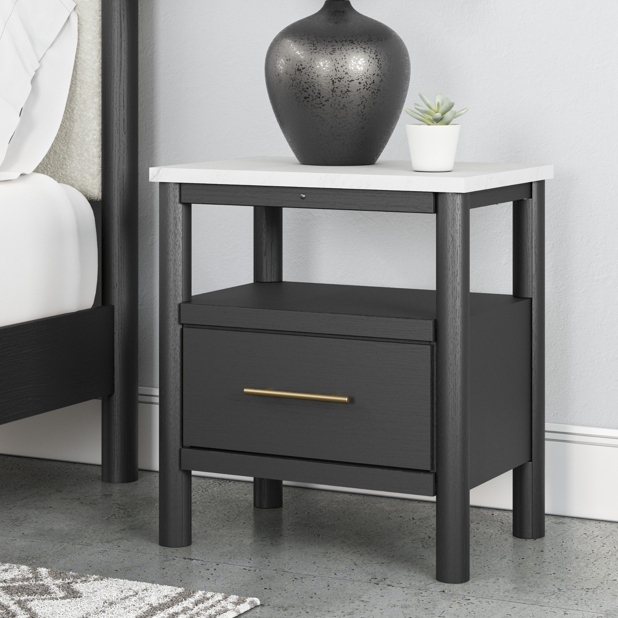 Black Cadmori nightstand with one drawer from Signature Ashley, featuring a sleek modern design for bedroom storage.