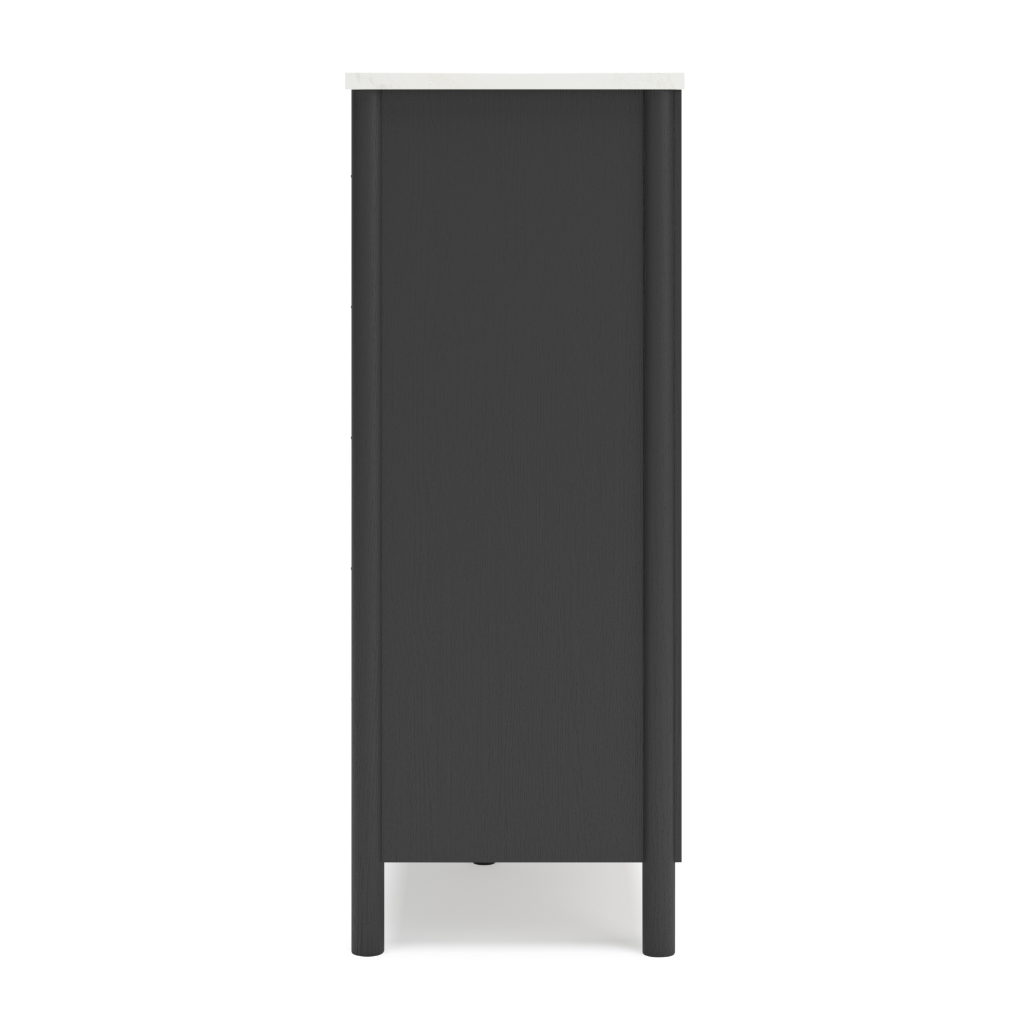Black Cadmori five-drawer wide chest by Signature Ashley, showing a sleek modern bedroom storage piece with metal handles.