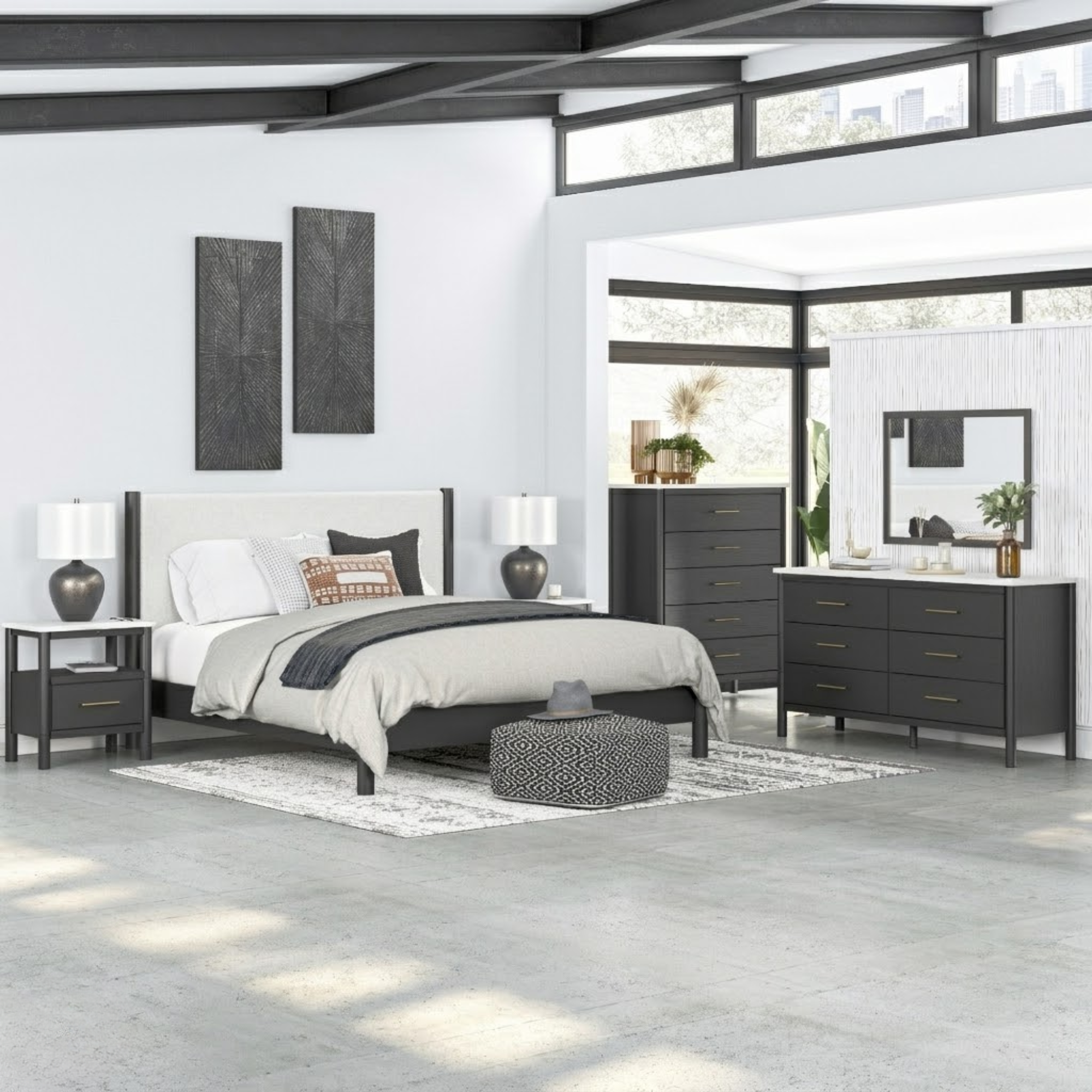 Black upholstered panel platform bedroom set by Signature Ashley, featuring a modern bed frame with clean lines and matching bedroom furniture.