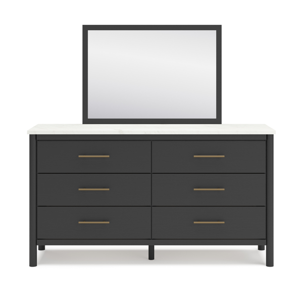 Black Cadmori dresser with matching mirror from Signature Ashley, showcasing sleek modern design and clean lines in a bedroom setting.