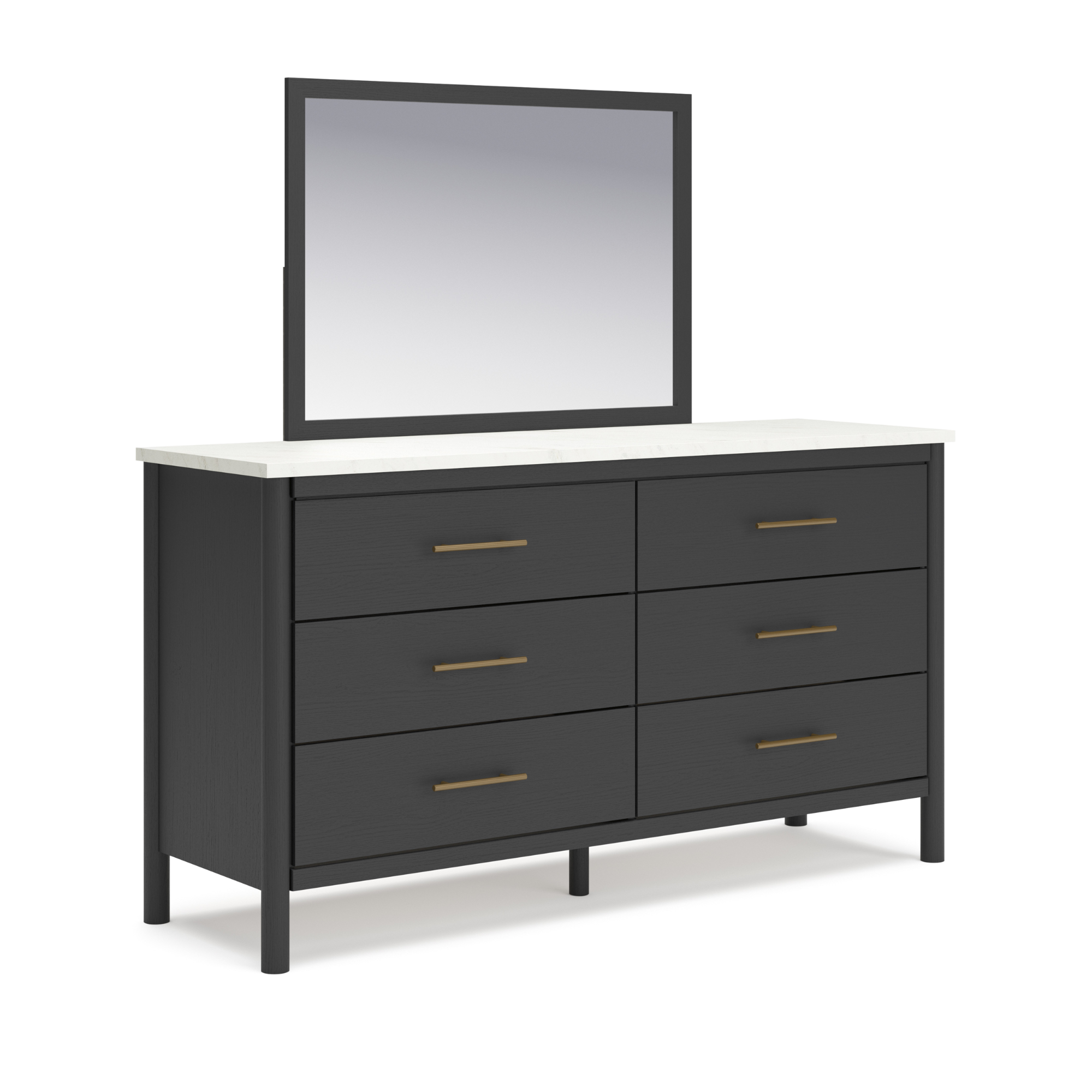 Black upholstered panel platform bedroom set by Signature Ashley, featuring a modern bed frame and matching bedroom furniture.