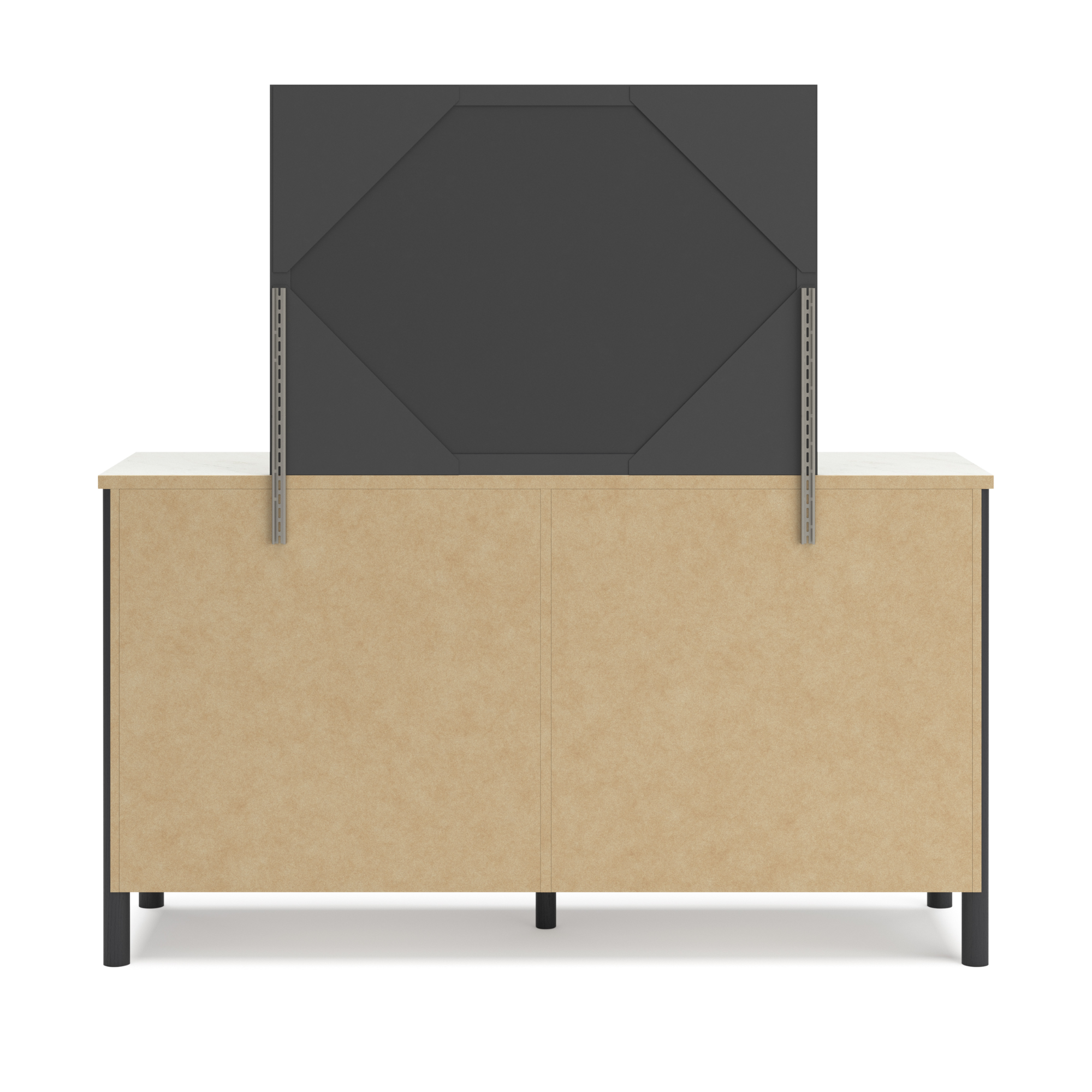 Black Cadmori dresser with matching mirror from Signature Ashley, showcasing sleek modern bedroom furniture with clean lines and hardware.