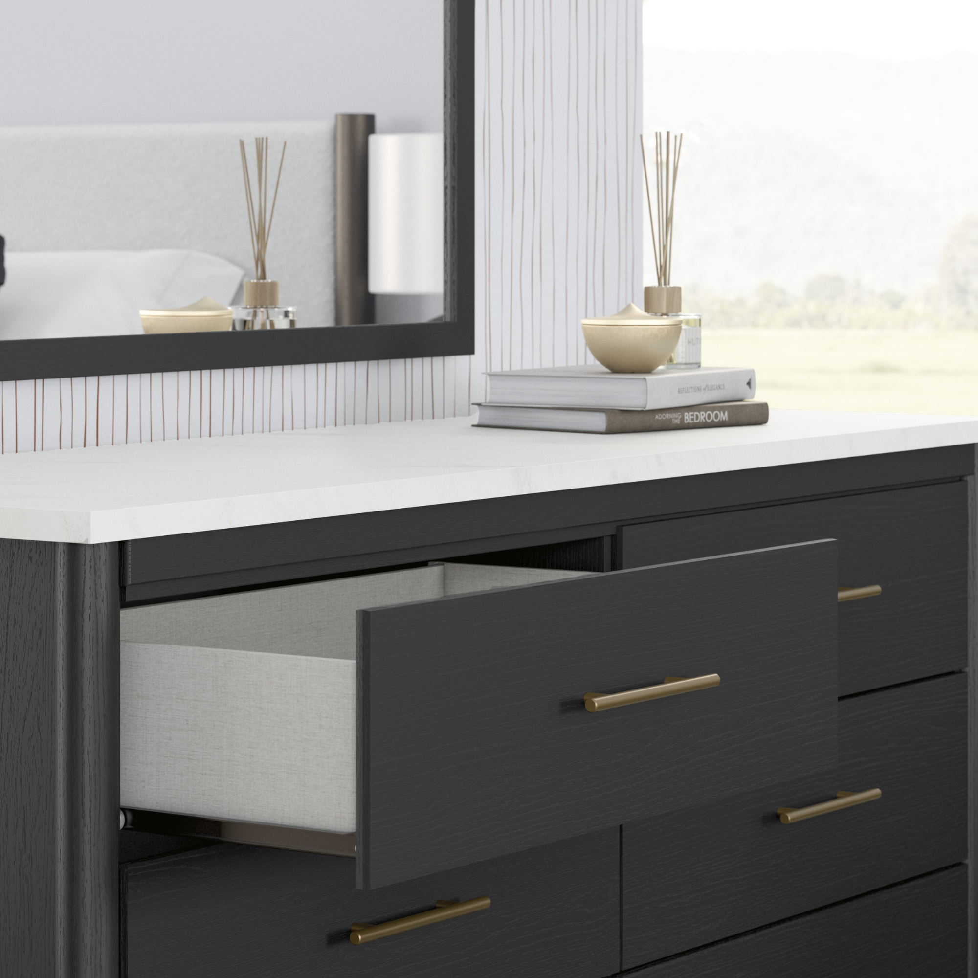 Black Cadmori dresser and mirror set by Signature Ashley, showcasing sleek design and spacious storage in a modern bedroom setting.