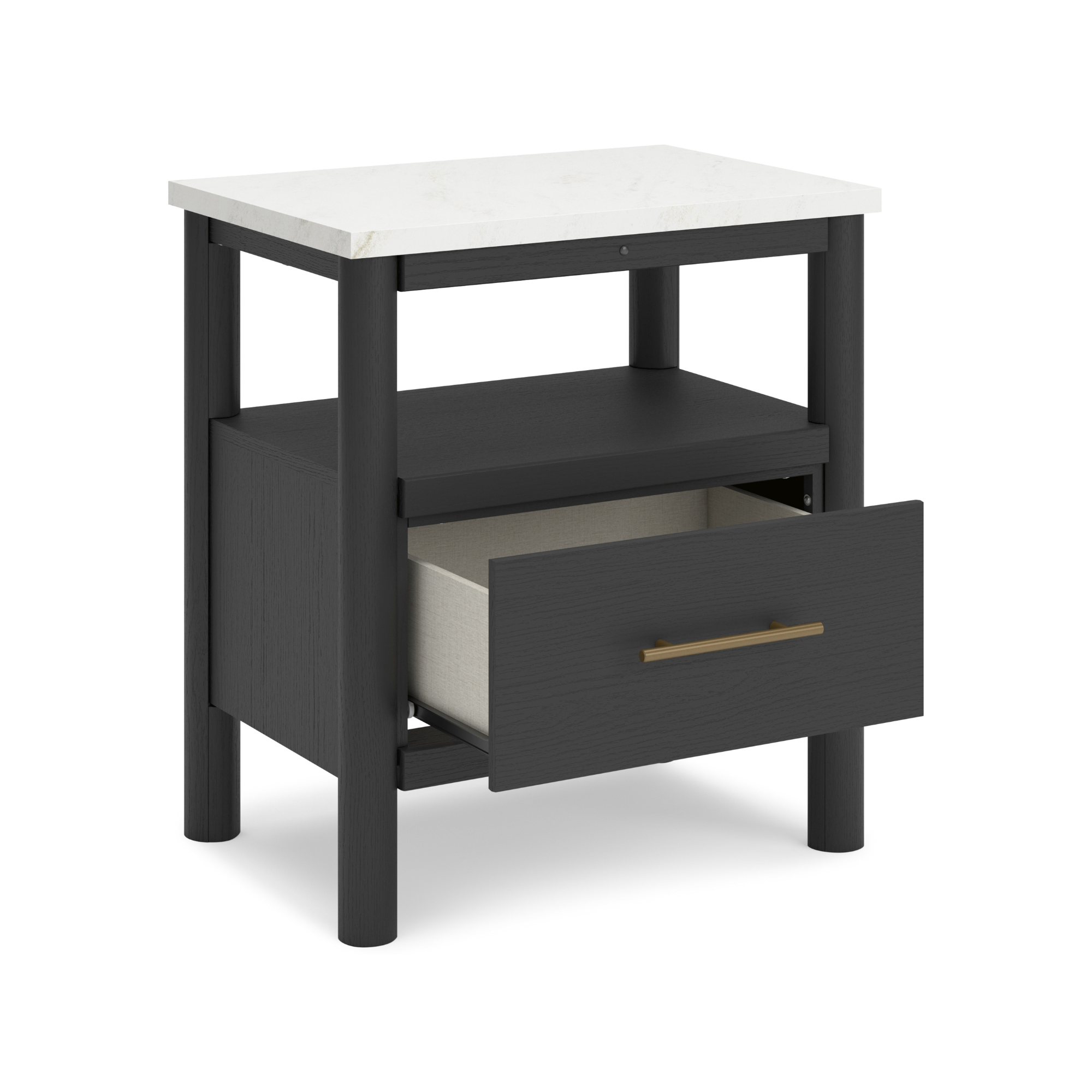 Black upholstered panel platform bedroom set by Signature Ashley, including bed frame and matching bedroom furniture.